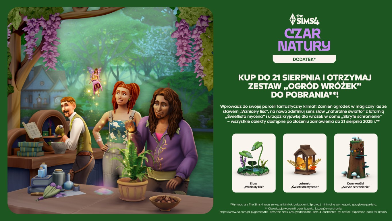 Promocja Sims 4 pokazuje trzy osoby z wróżką, roślinami i drewnianym stołem z tekstem i trzema ilustracjami obiektów.