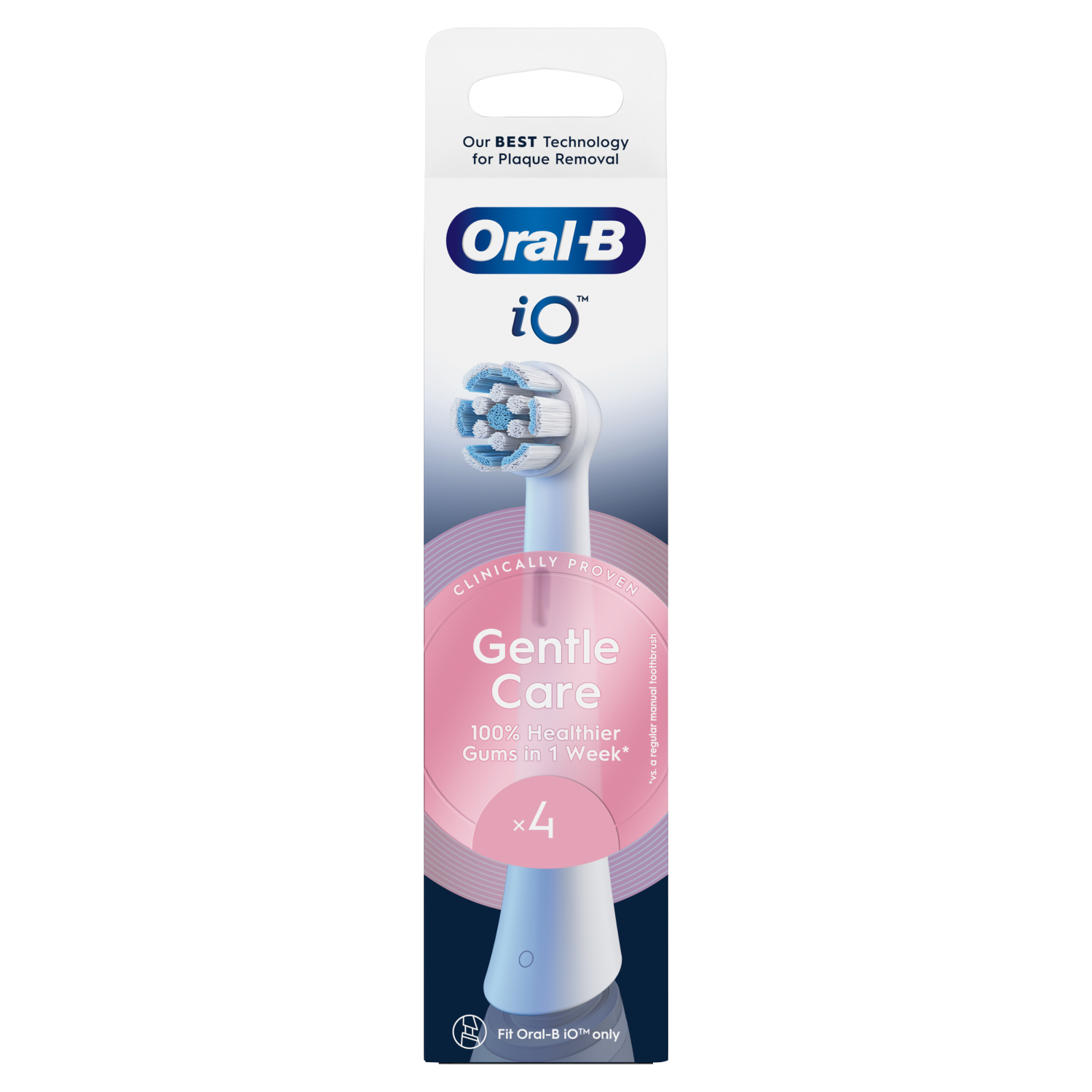 Opakowanie głowic do szczoteczki Oral-B iO. Zawiera biało-niebieską główkę, z napisem "Gentle Care". Zawiera 4 głowice.