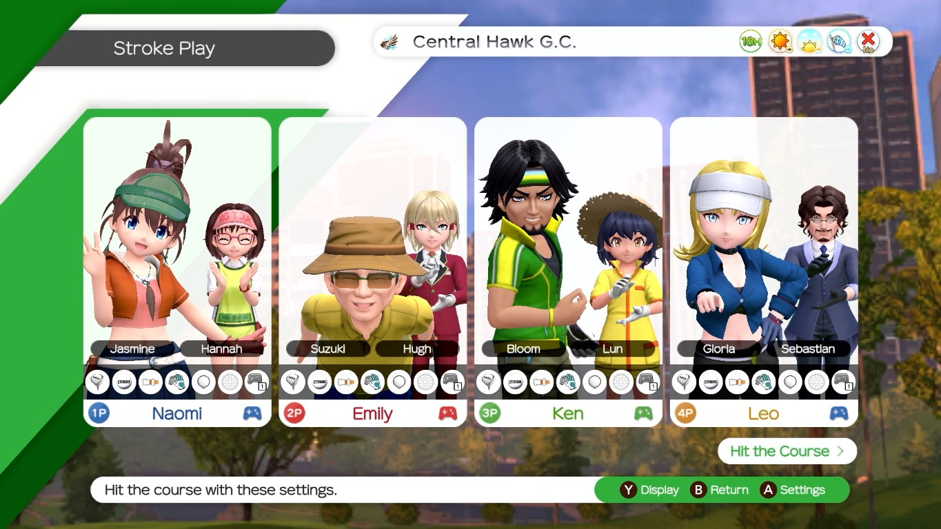 Ekran gry w golfa pokazuje awatary graczy: Jasmine, Hannah, Suzuki, Hugh, Bloom, Lun, Gloria i Sebastian. Pole to Central Hawk G.C.