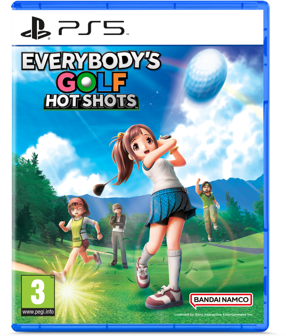 Okładka gry Everybody's Golf: Hot Shots. Dziewczyna wymachuje kijem golfowym. Inni gracze biegną/stoją. Błękitne niebo, piłeczka golfowa i zielone pole.