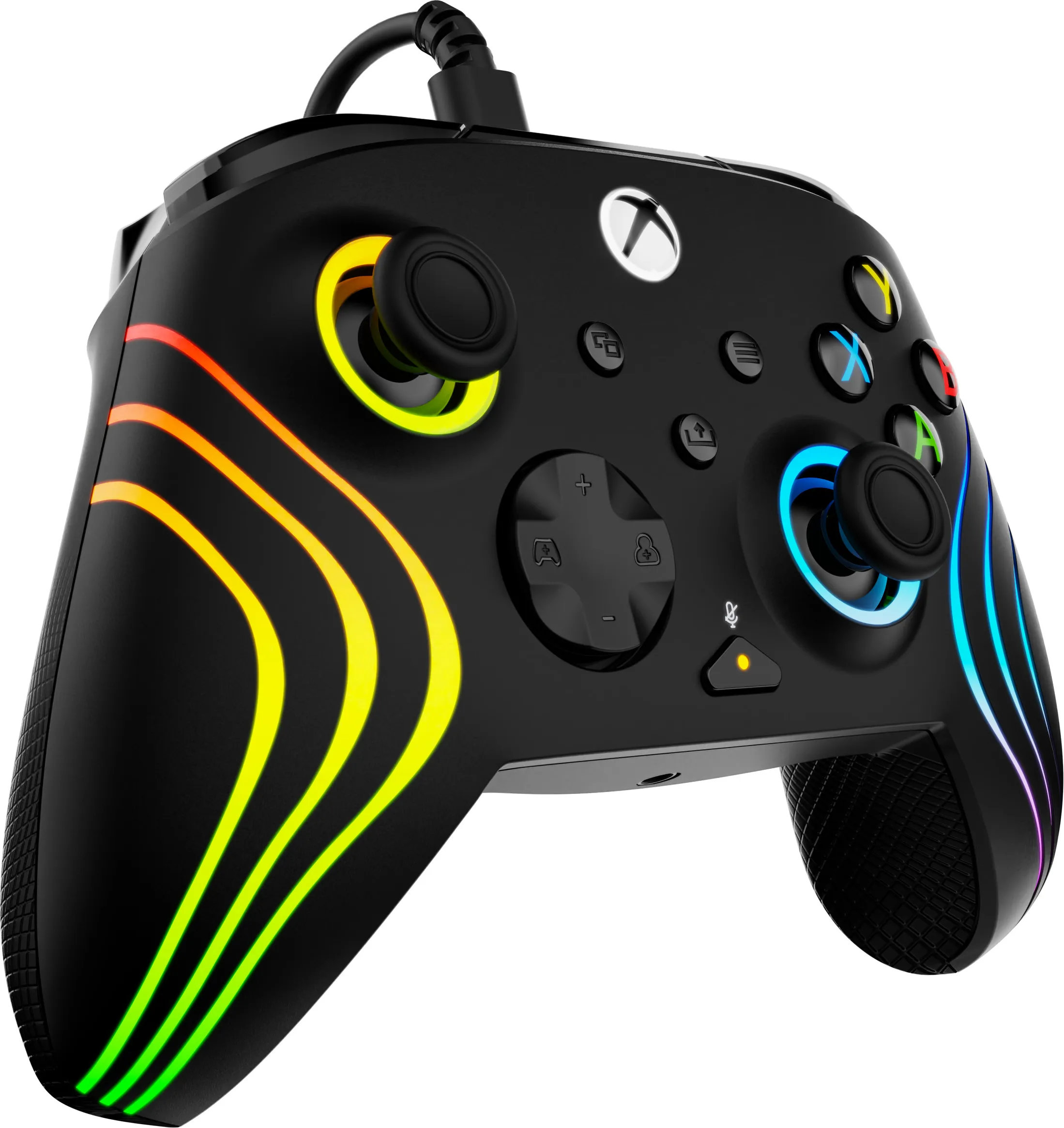 Schwarzer Xbox-Controller mit Regenbogenlichtern. Er hat Tasten, Joysticks und ein Kabel.