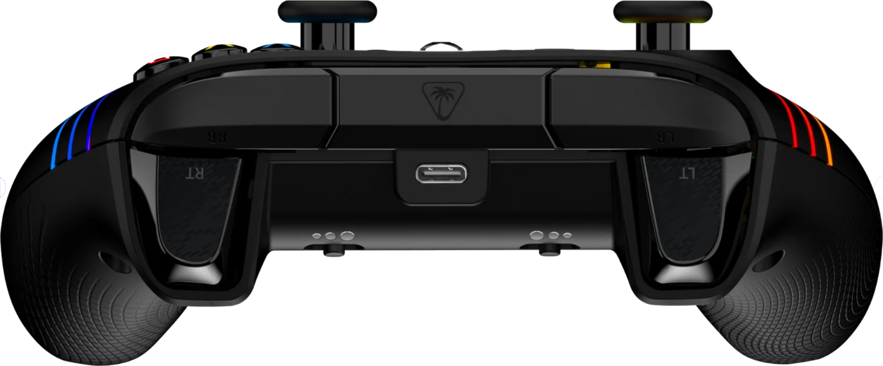 Schwarzer Gaming-Controller mit farbigen Lichtern an den Seiten. Er hat Knöpfe, Auslöser und einen USB-Anschluss. Das Design ist modern und ergonomisch.