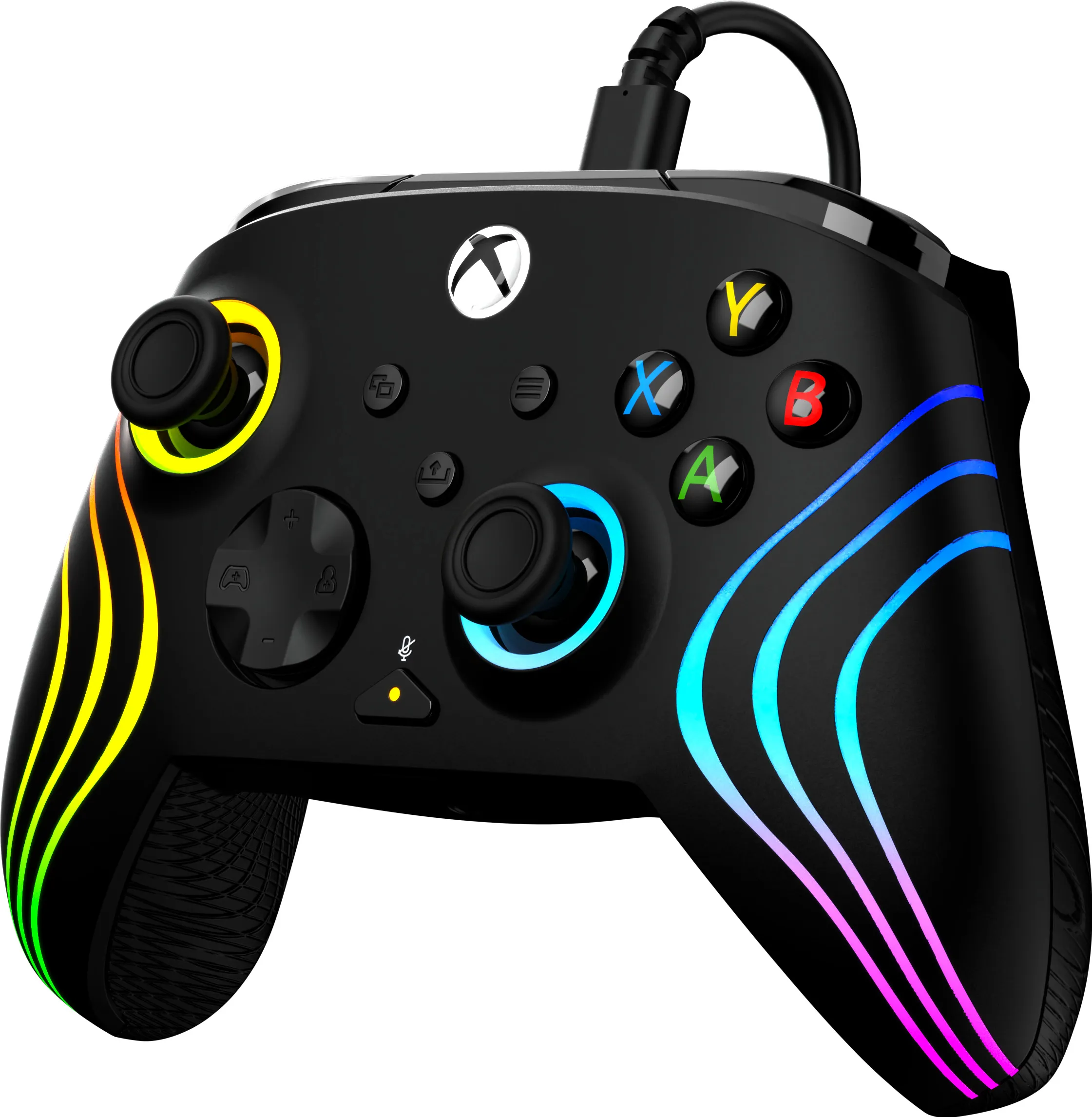 Schwarzer Xbox-Controller mit bunten Lichtern. Tasten X, Y, B, A beschriftet. Joystick und D-Pad sichtbar. Ein schwarzes Kabel ist befestigt.