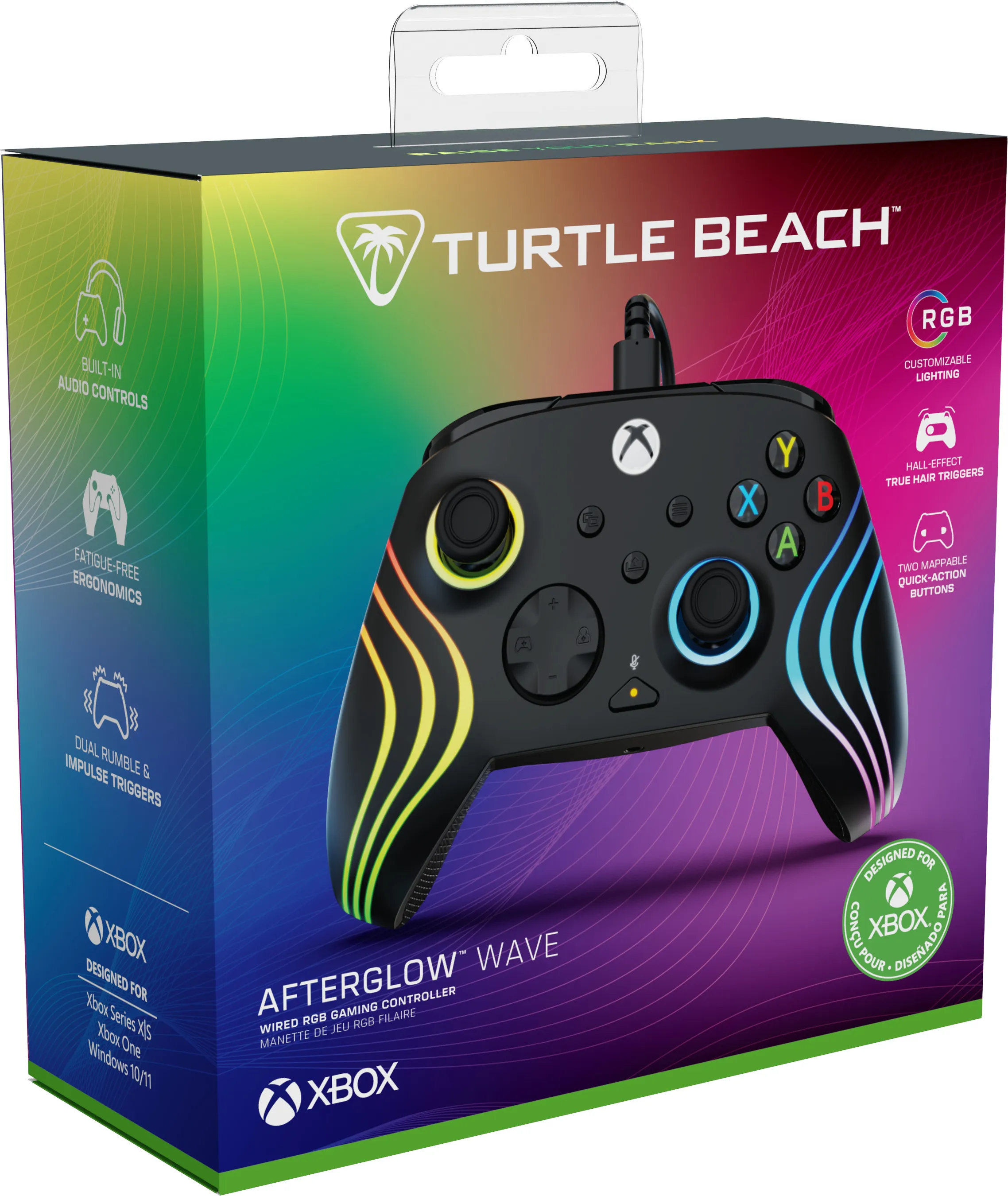 Ein schwarzer Xbox-Controller in einer Box mit bunten Lichtern. Die Box erwähnt Funktionen und die Marke Turtle Beach.