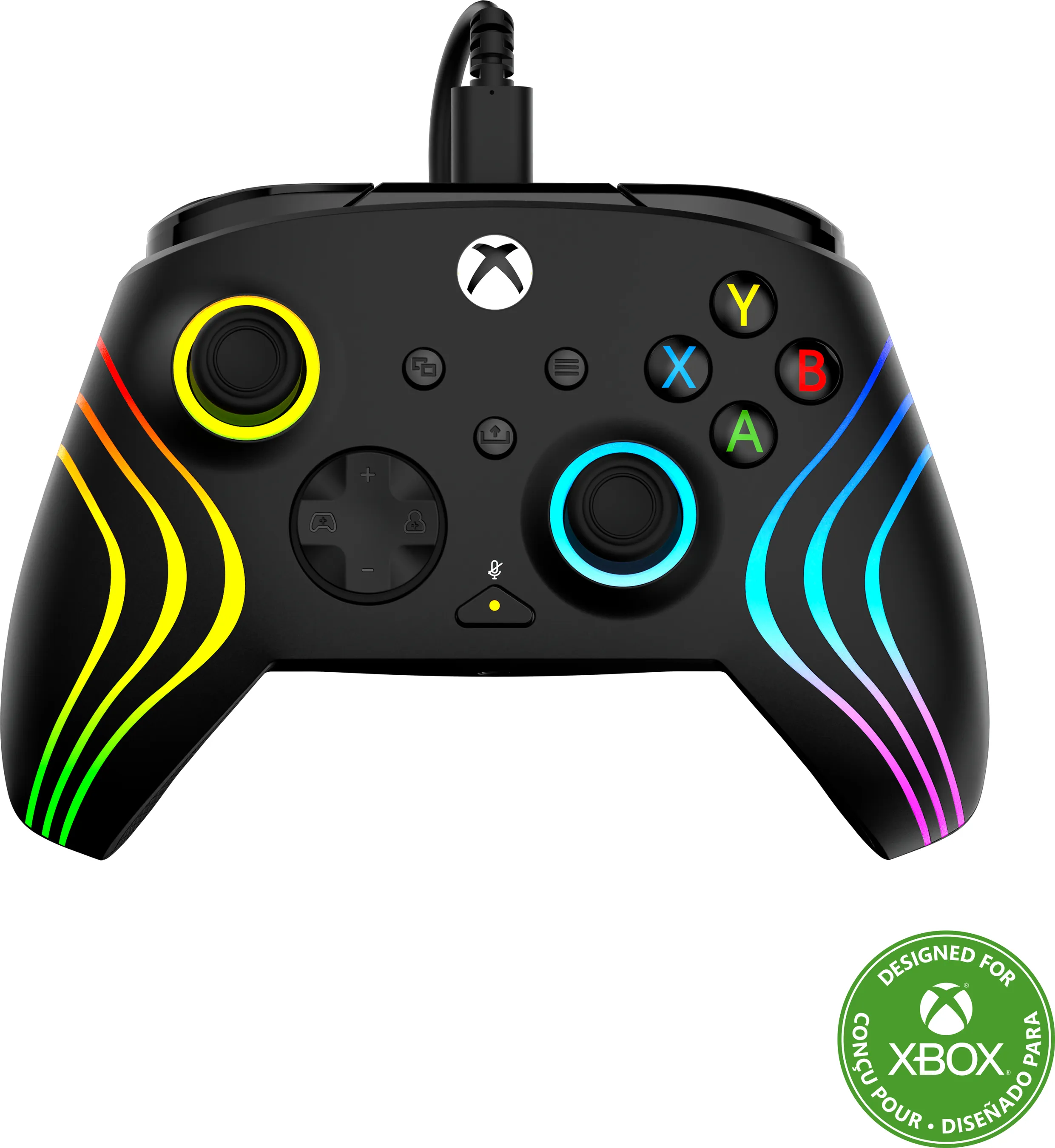 Schwarzer Xbox-Controller mit bunten Lichtern und Knöpfen. Er hat ein Kabel und das Xbox-Logo.
