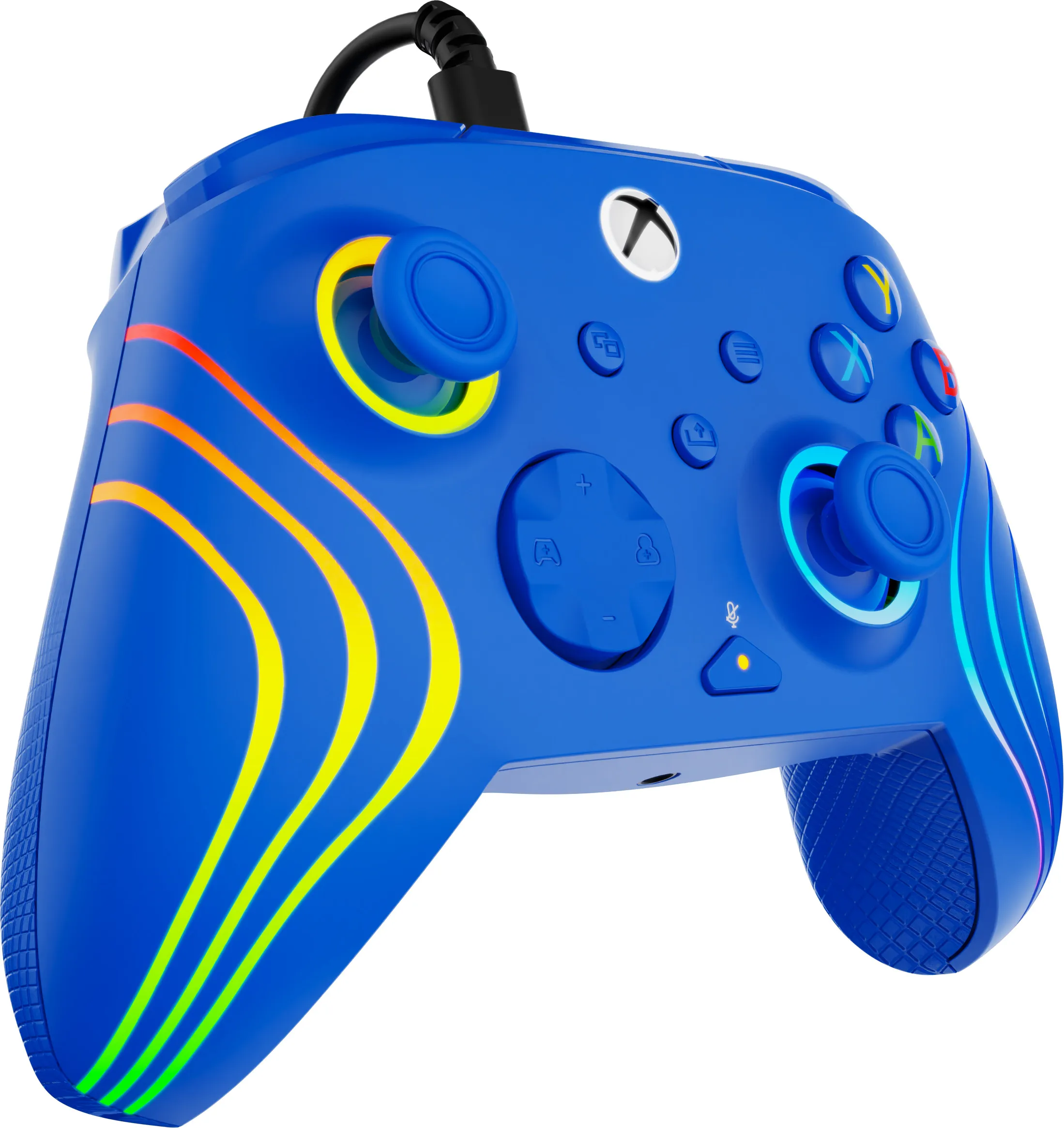 Blauer Xbox-Controller mit Regenbogenakzenten. Mit Knöpfen, Sticks und einem schwarzen Kabel. Xbox-Logo sichtbar.