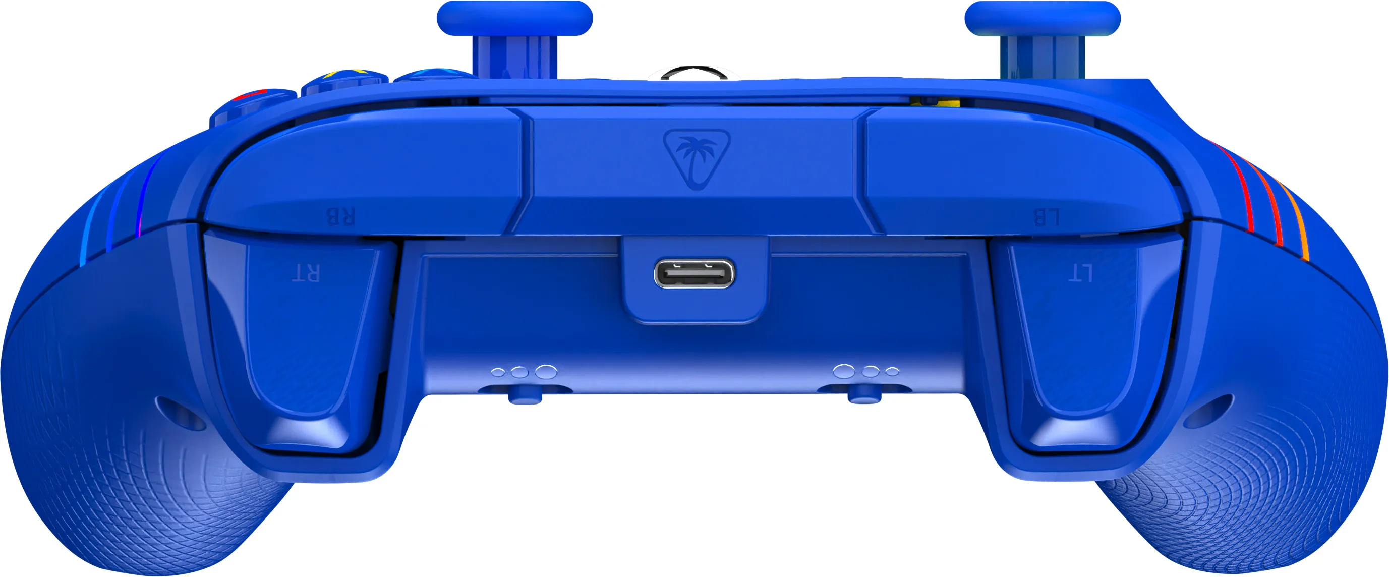 Ein blauer Gamecontroller mit Knöpfen, Joysticks und einem Ladeanschluss. Das Design umfasst farbige Streifen und ein Palmenlogo.