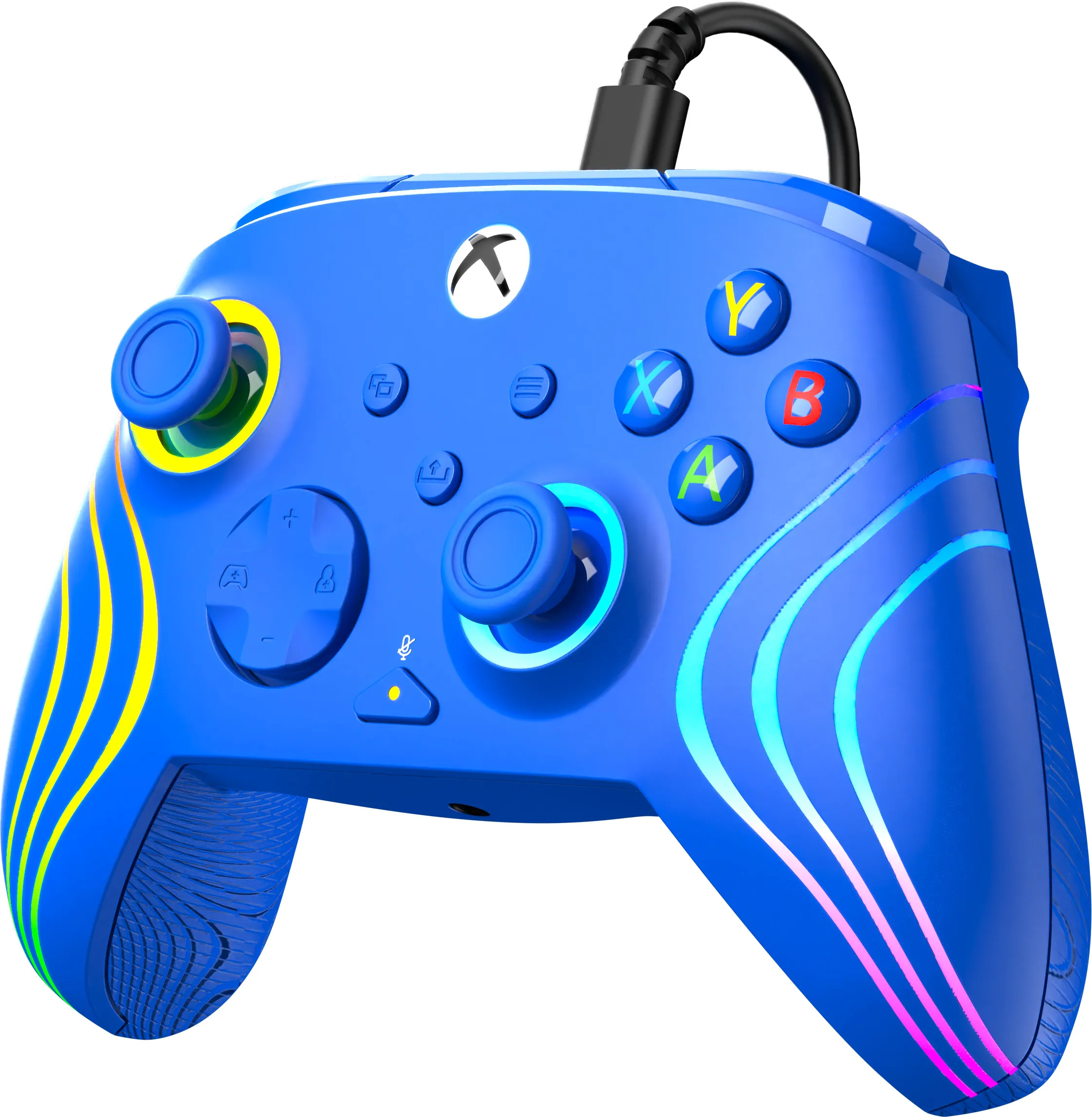 Blauer Xbox-Controller mit schwarzem Kabel. Hat farbige Tasten und leuchtende Akzente. Xbox-Logo ist weiß.