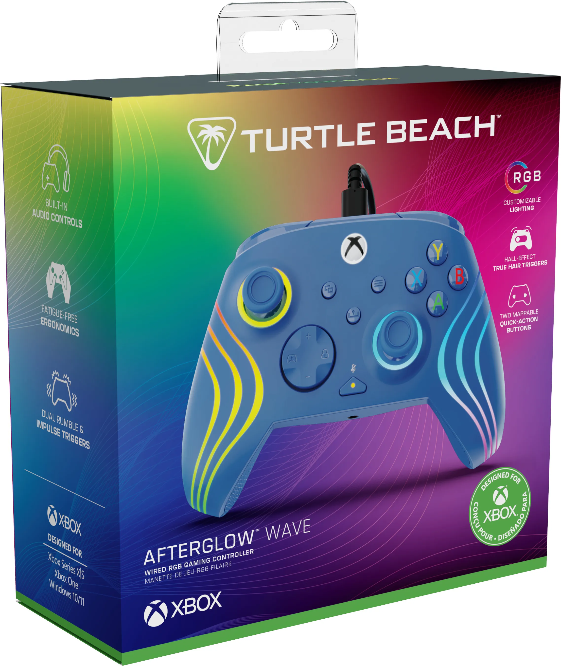 Blauer Xbox-Controller in einer Box mit Turtle Beach-Logo. Merkmale sind RGB-Beleuchtung und Schnellaktionstasten.