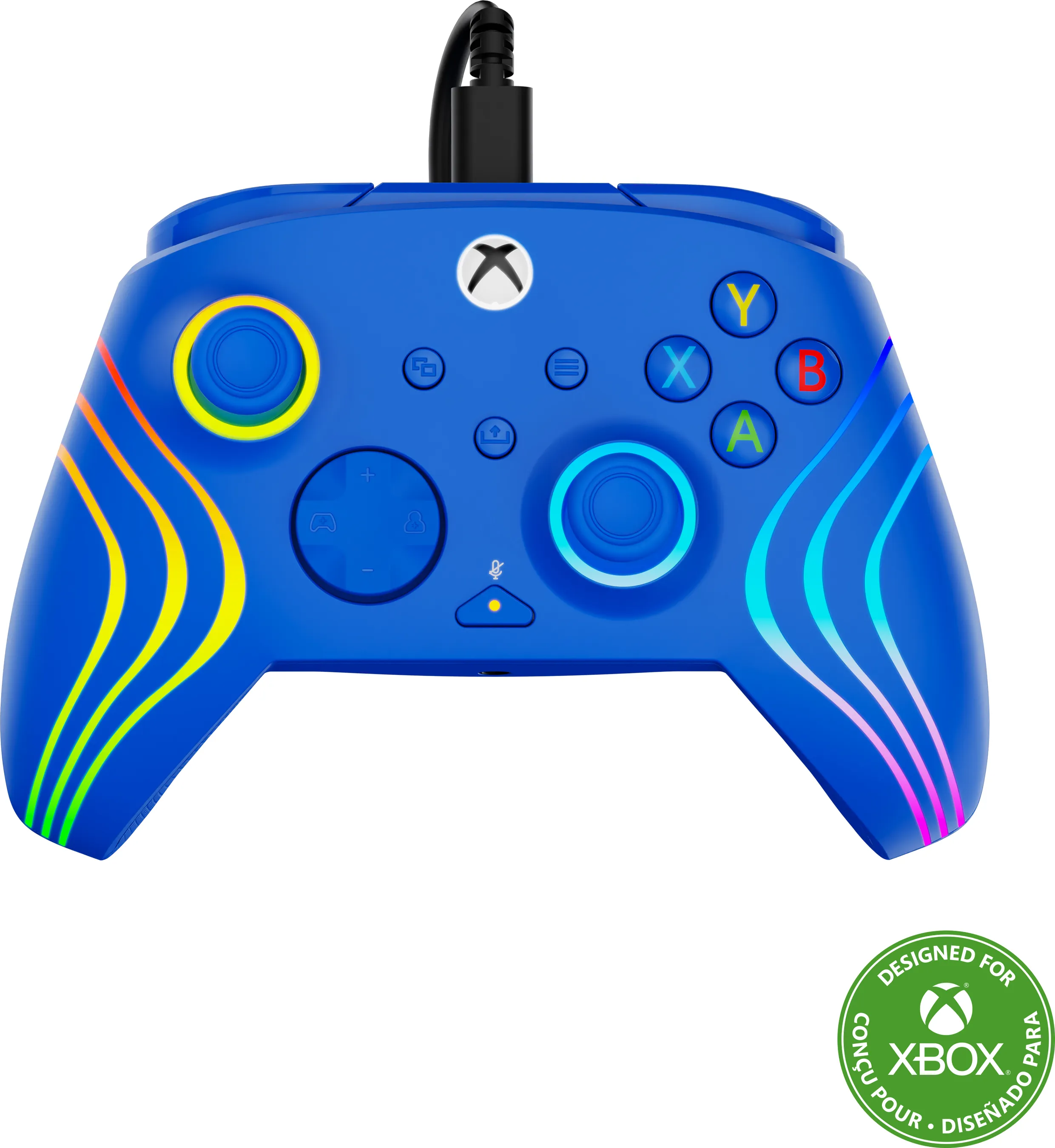 Blauer Xbox-Controller mit Regenbogenakzenten, Knöpfen und schwarzem Kabel.