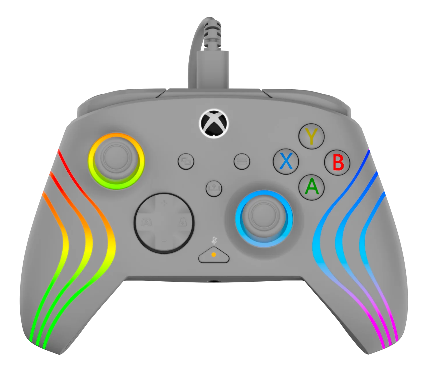 Grauer Xbox-Controller mit bunten Lichtmustern an den Seiten und um die Knöpfe. Knöpfe sind farbig. Kabel oben.