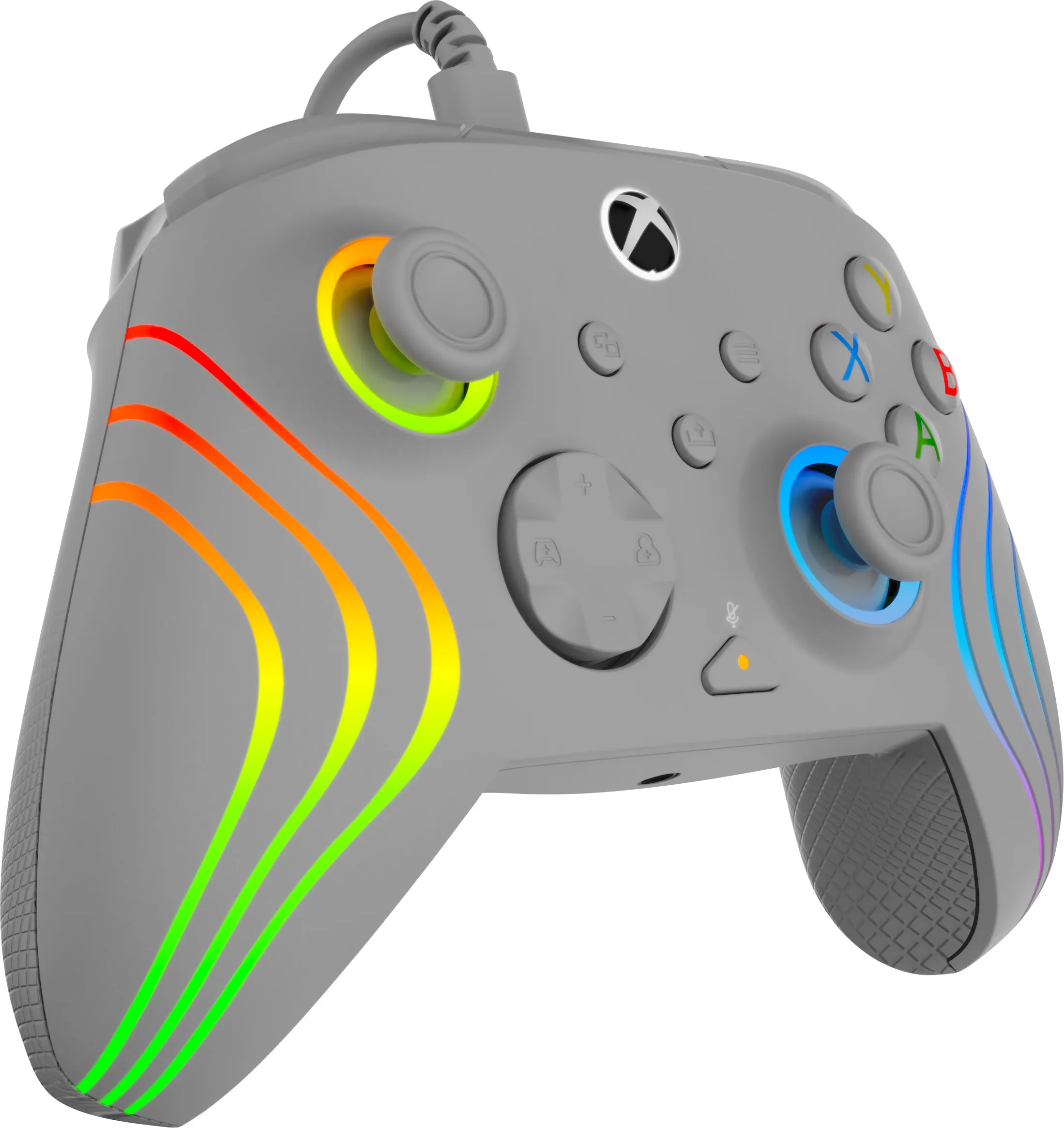 Ein grauer Xbox-Controller mit Regenbogen-LED-Leuchten. Die Knöpfe sind farbig. Er hat ein Kabel.