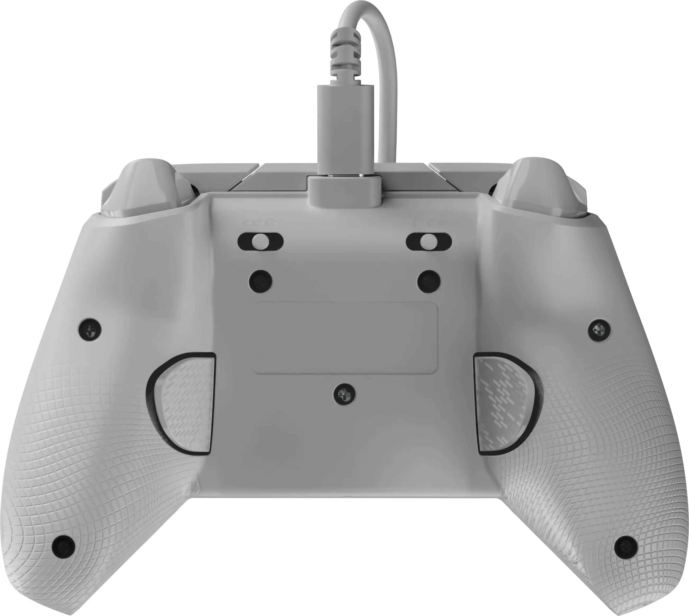 Grauer Gamecontroller von hinten mit Kabel. Design umfasst Knöpfe und Griffe.