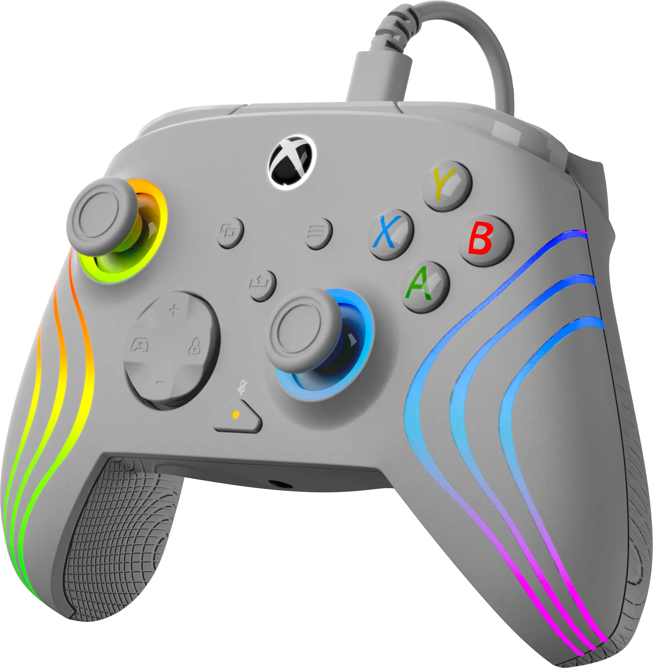 Grauer Xbox-Controller mit Regenbogenlichtern und -tasten, farbigen Akzenten und einem angeschlossenen Kabel. Isoliert auf Weiß.