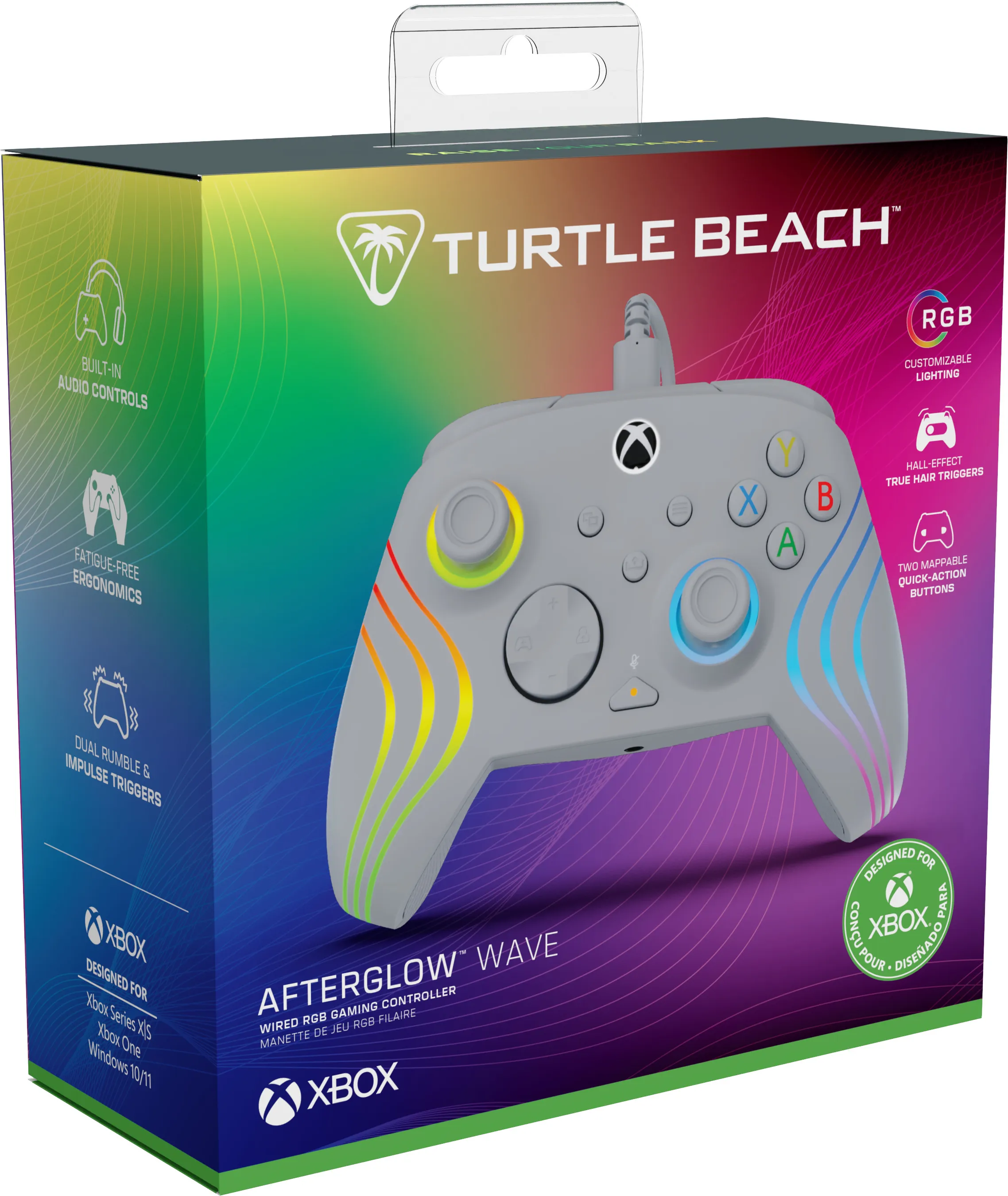 Die Box zeigt einen grauen Xbox-Controller mit bunten Lichtern. Die Box hat Funktionen wie RGB-Beleuchtung und ist für Xbox konzipiert.