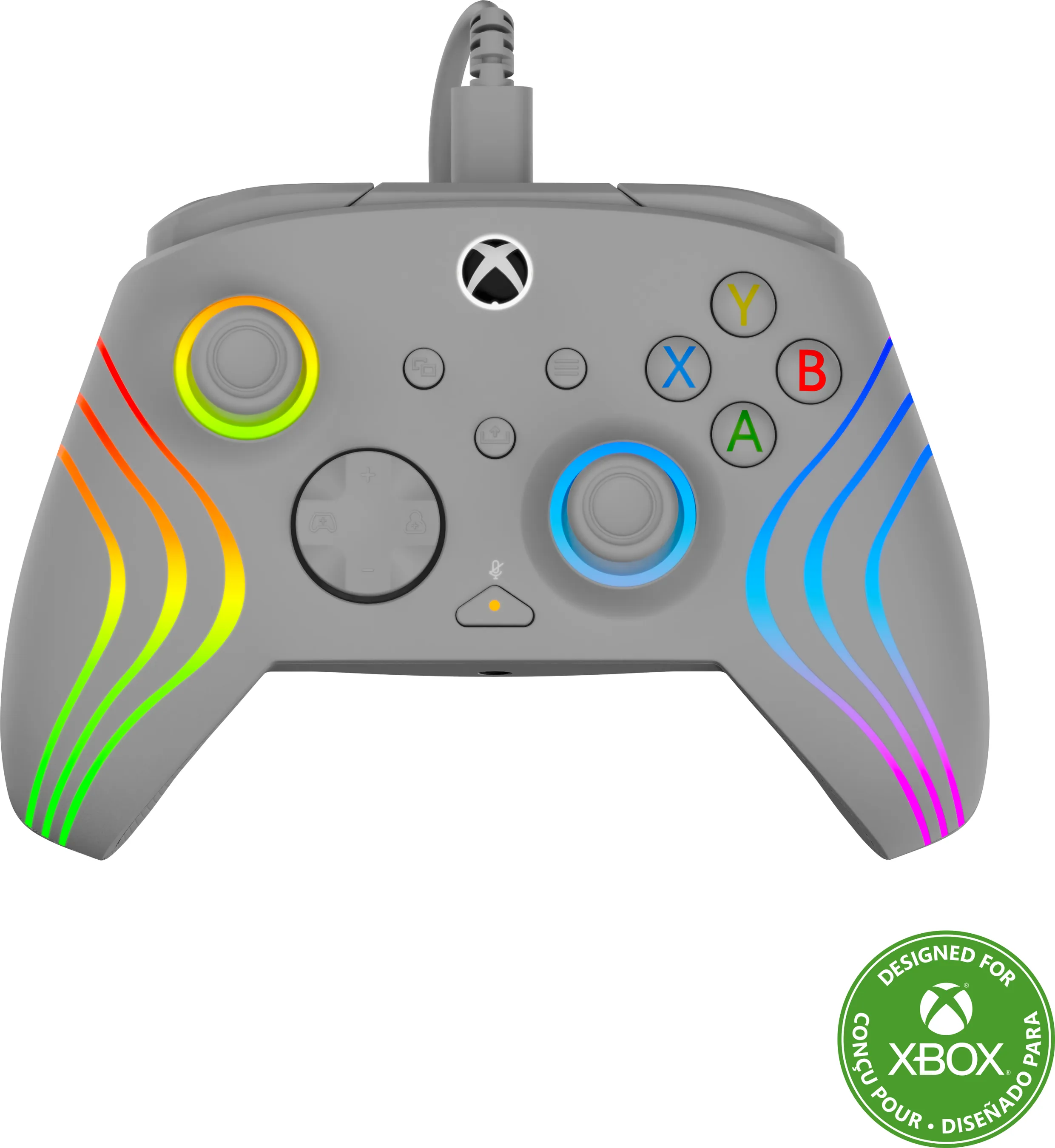 Ein grauer Xbox-Controller mit Kabel. Es hat farbige Lichter und Tasten. Unten befindet sich ein grünes Xbox-Logo.