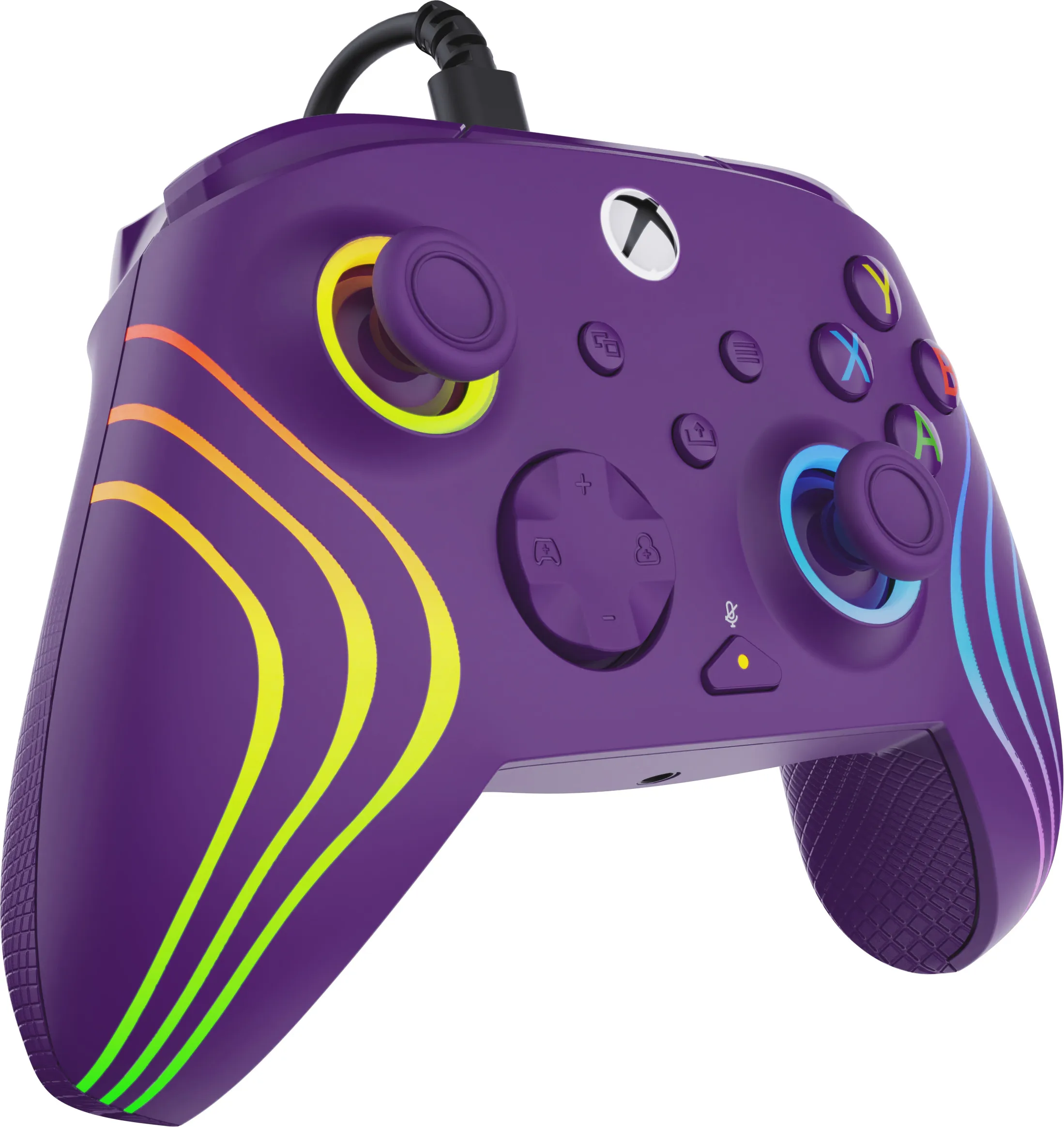 Lila Xbox-Controller mit Regenbogen-Akzenten. Mit Knöpfen, Joysticks und einem schwarzen Kabel. Weißer Hintergrund.