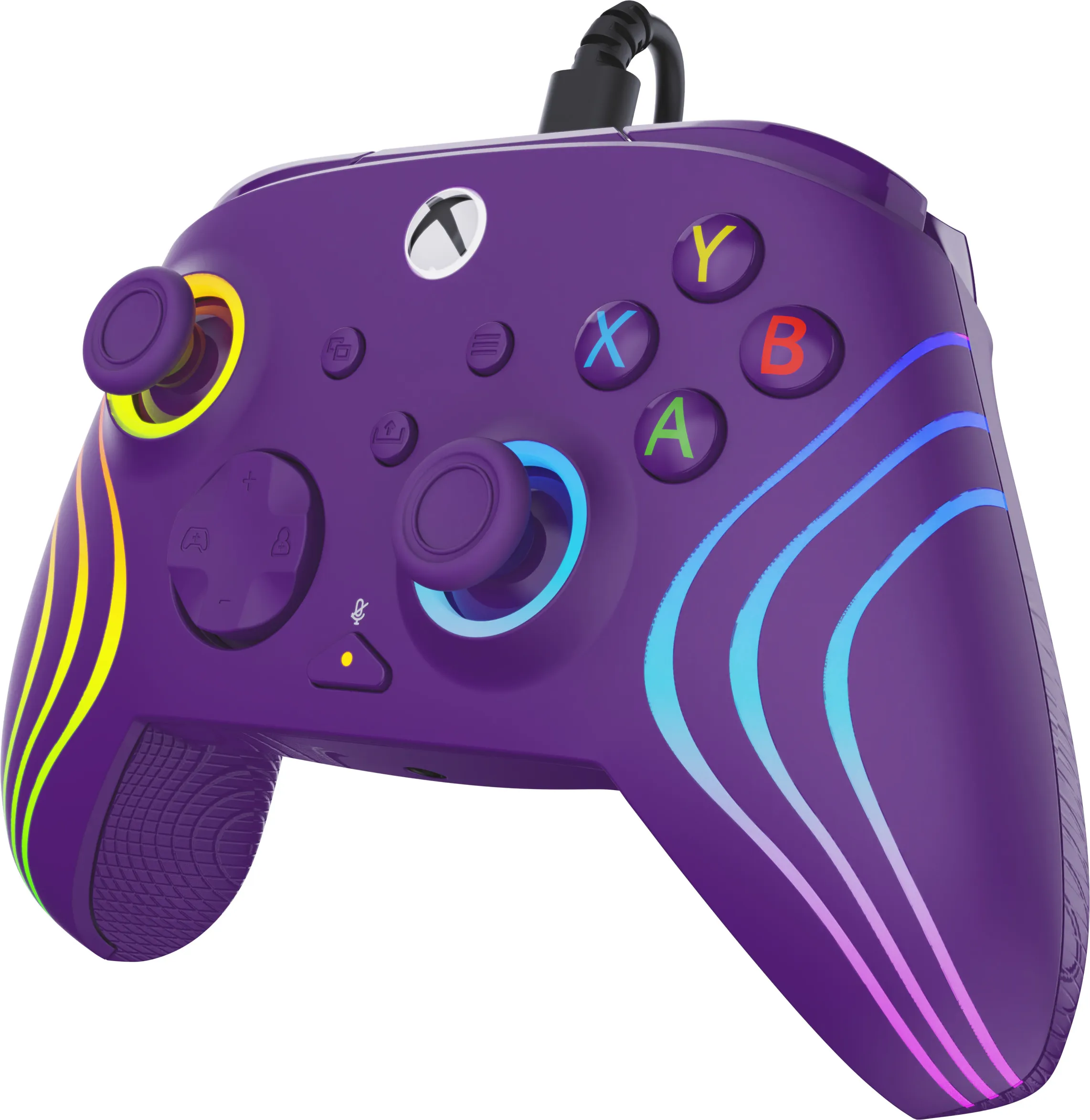 Lila Xbox-Controller mit Kabel. Er hat farbige Akzente und Tasten mit den Bezeichnungen A, B, X, Y.