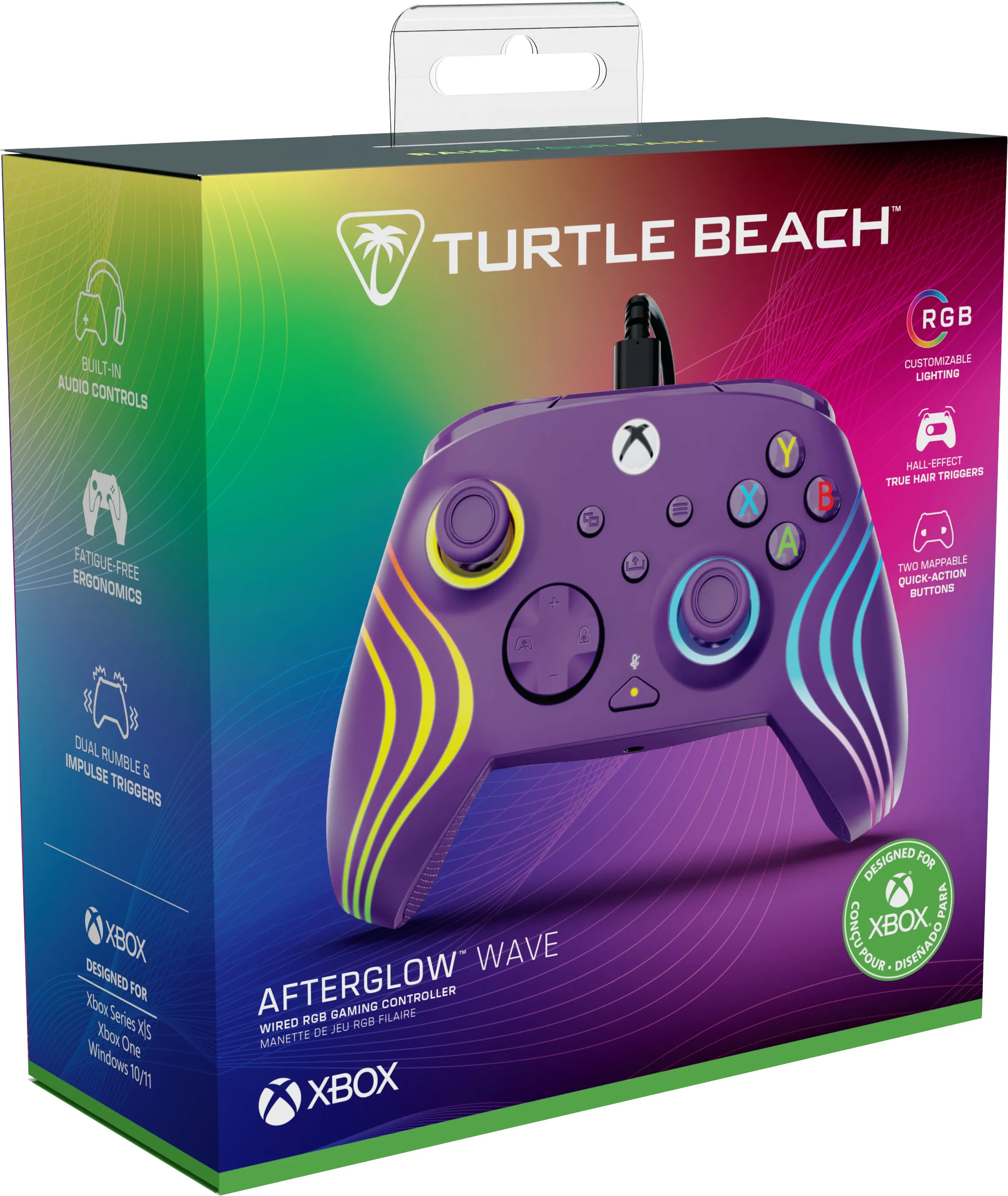 Lila Xbox-Controller in einer Box. Funktionen umfassen RGB-Beleuchtung und Hall-Effekt-Trigger. Für Xbox Series X/S und One.