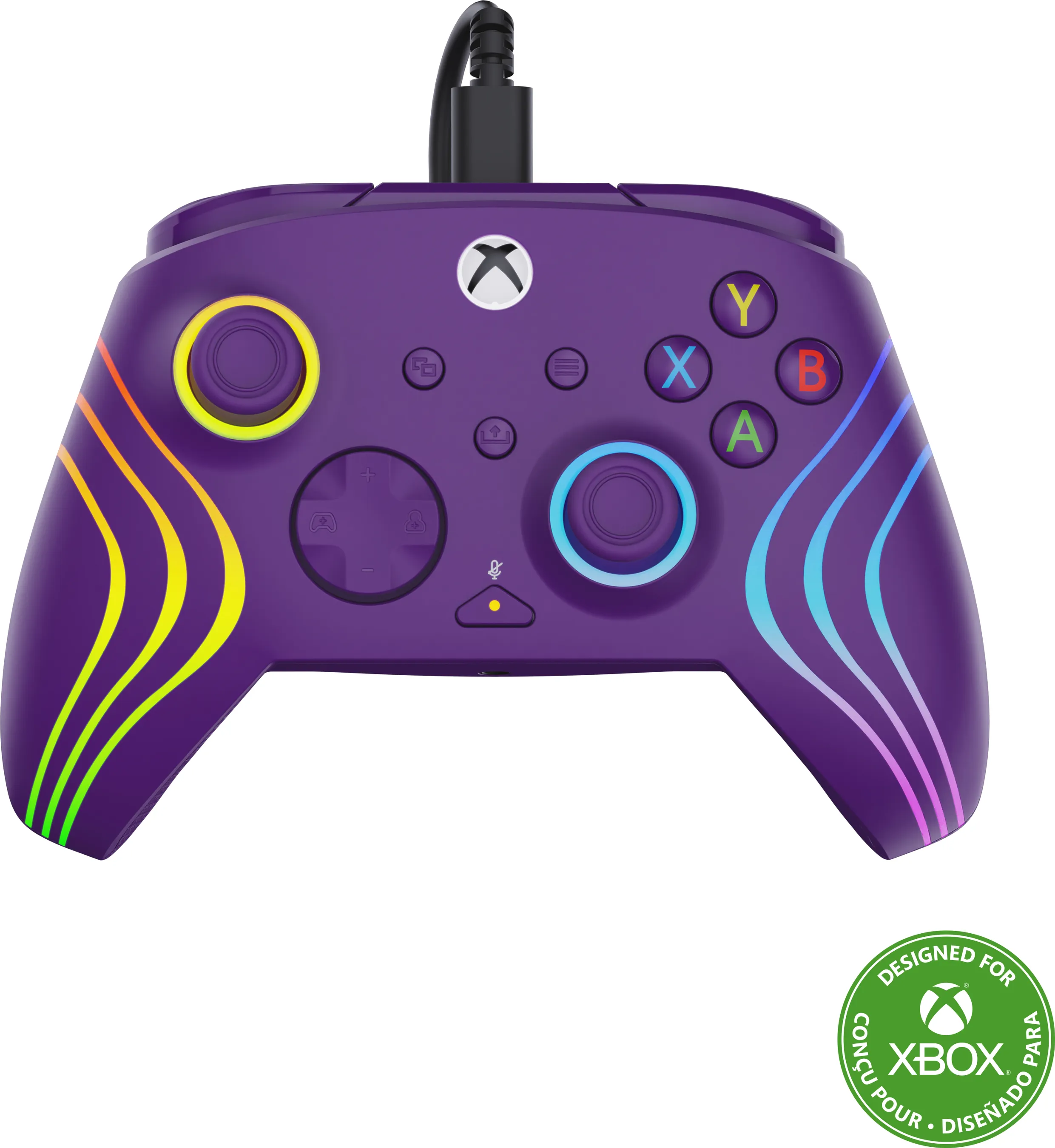 Lila Xbox-Controller mit farbenfrohen Akzenten und Knöpfen. Hat ein schwarzes Kabel. Entworfen für Xbox-Logo.