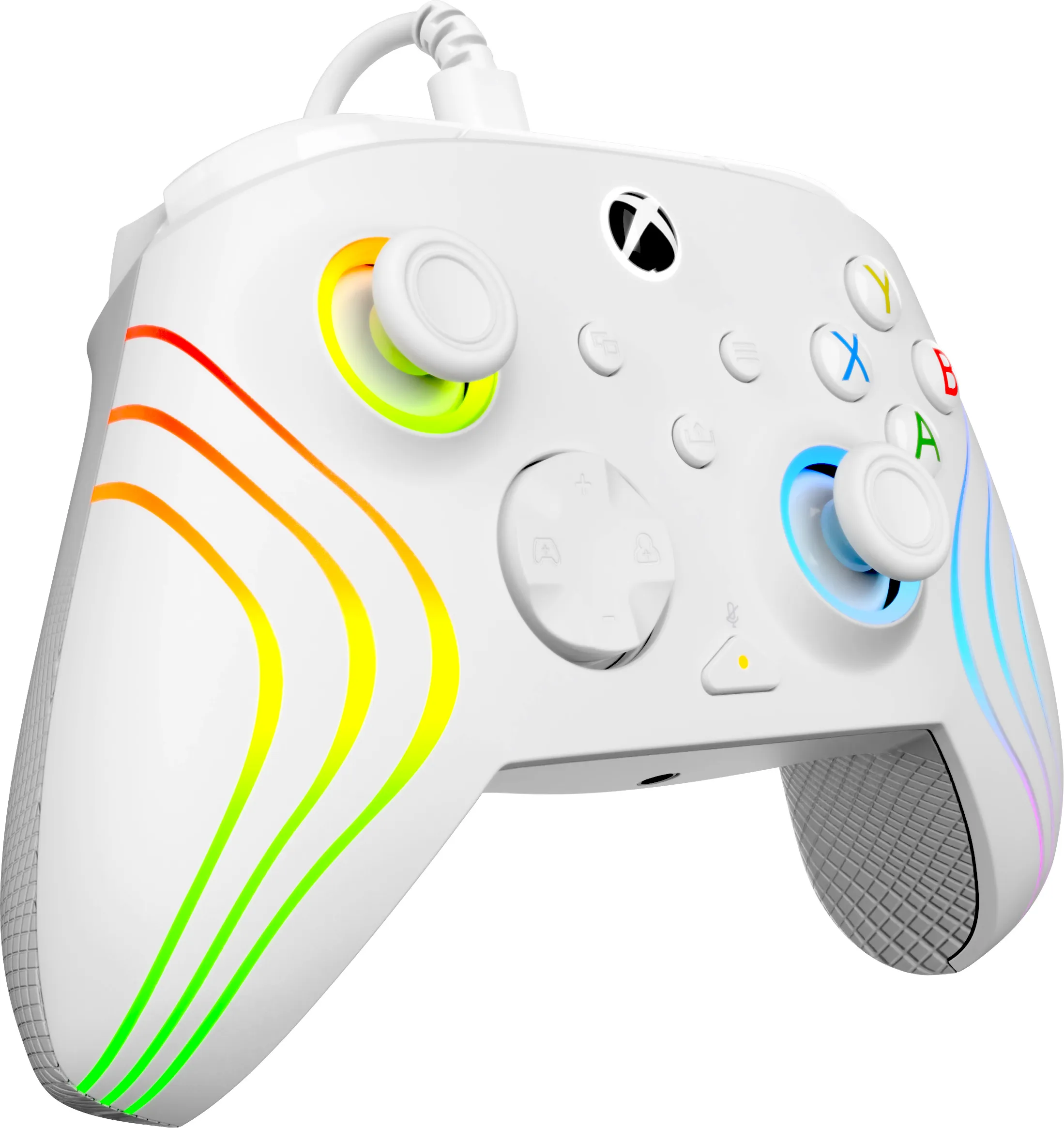 Weißer Xbox-Controller mit Regenbogenfarben. Hat Knöpfe und Joysticks. Ein USB-Kabel ist befestigt.
