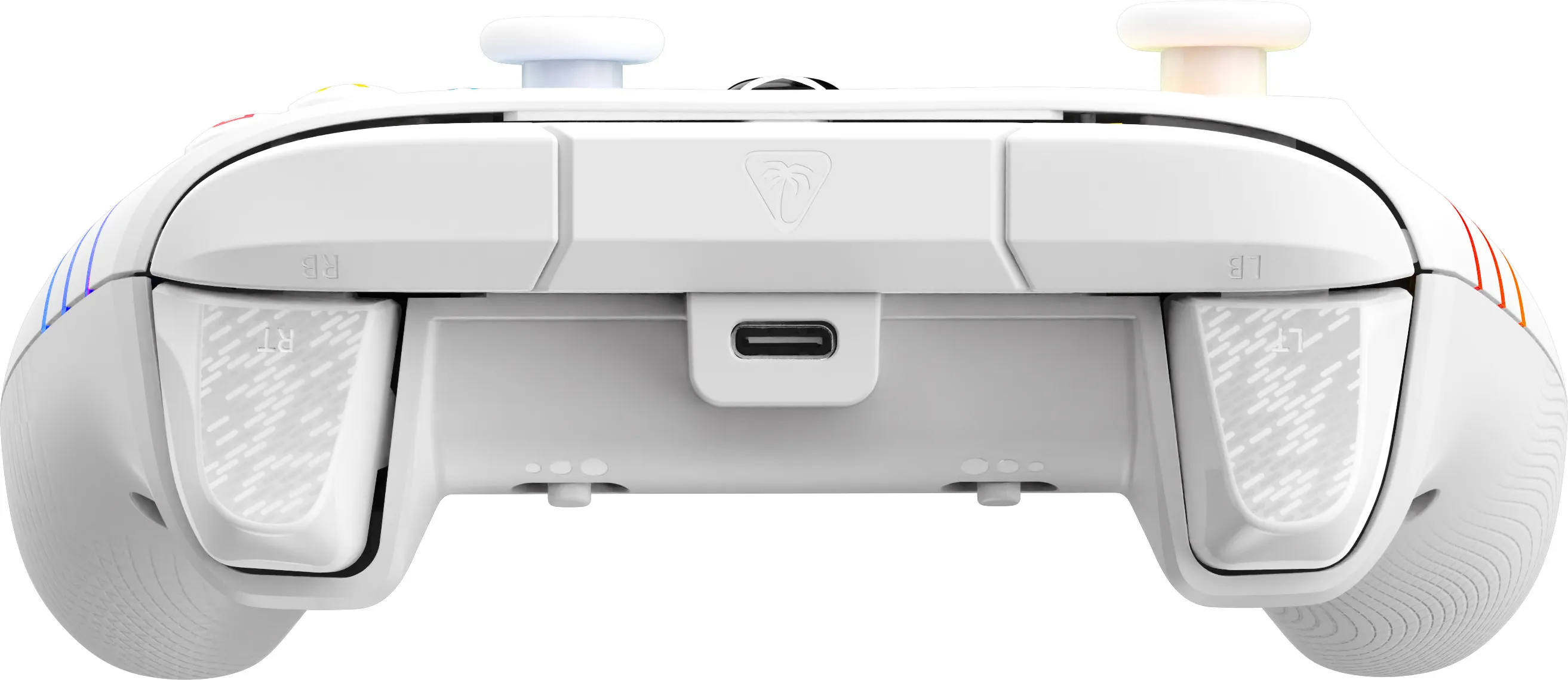Weißer Gaming-Controller mit farbigen Akzenten und Tasten. Verfügt über einen USB-C-Anschluss und ein Palmenlogo.