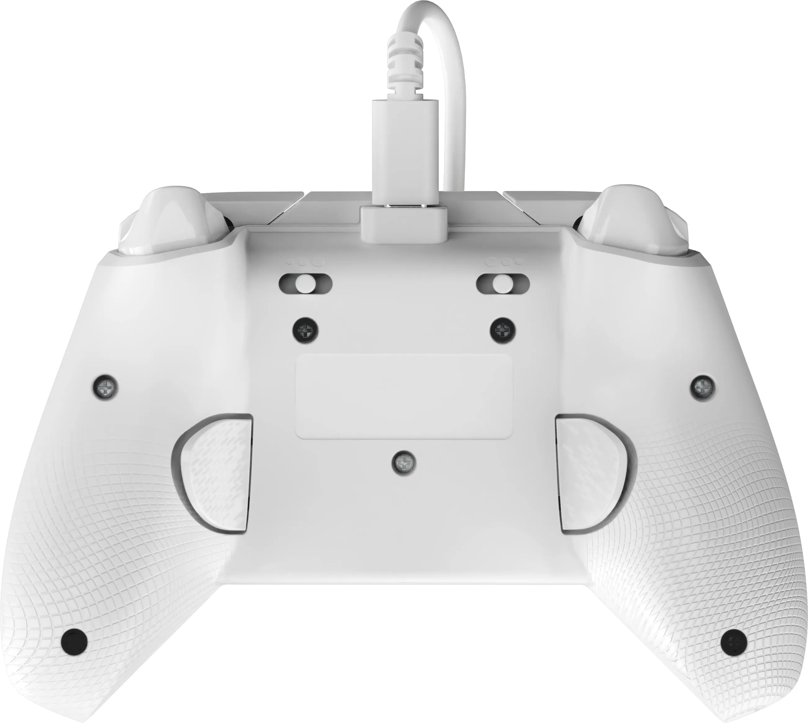 Weiße Gamecontroller-Rückansicht, verbunden mit einem Kabel. Mit Knöpfen, Triggern und strukturiertem Griff auf weißem Hintergrund.