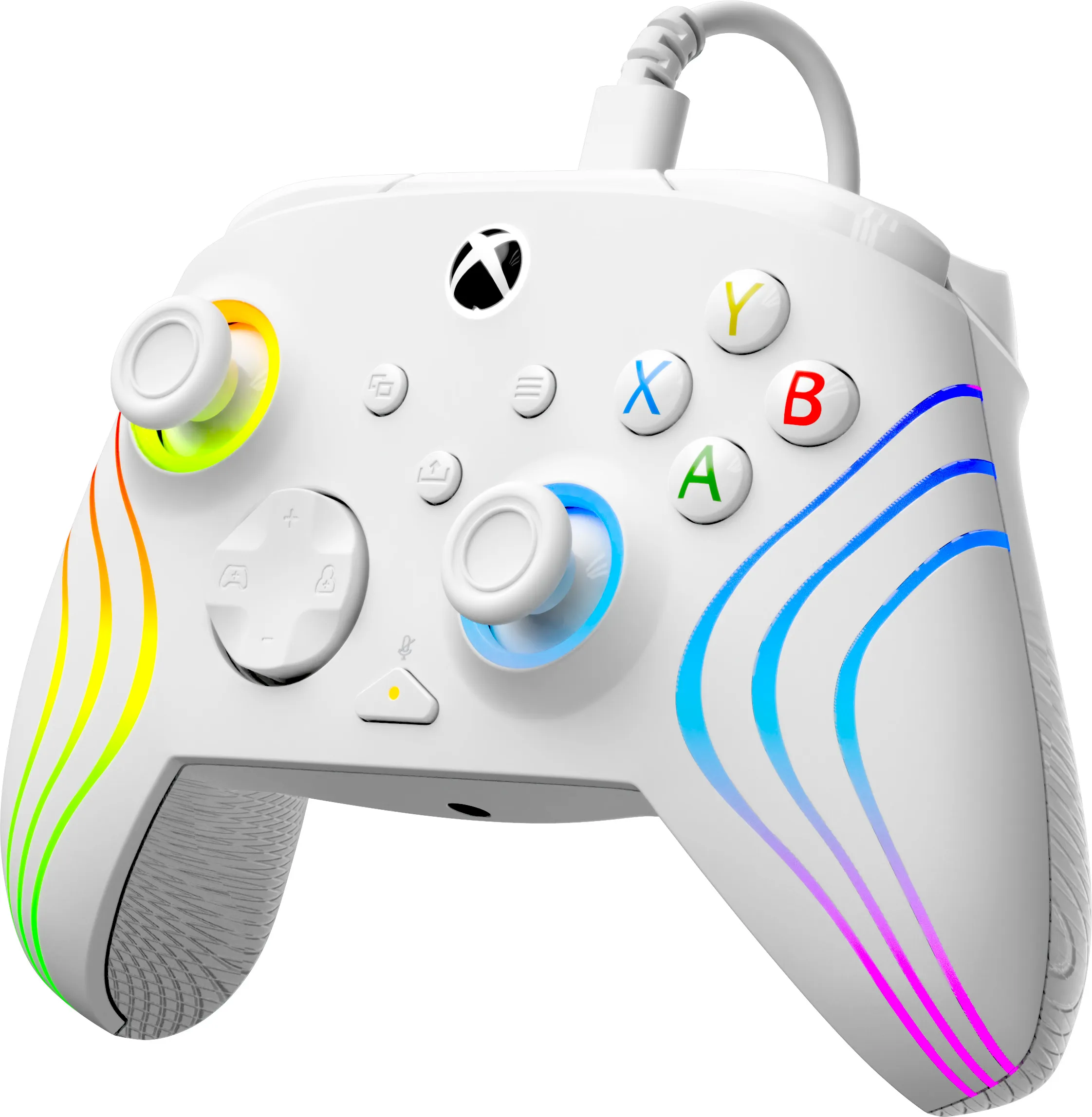 Weißer Xbox-Controller mit Regenbogenakzenten und Tasten, verbunden mit einem weißen Kabel. Mit X,Y,A,B Tasten.