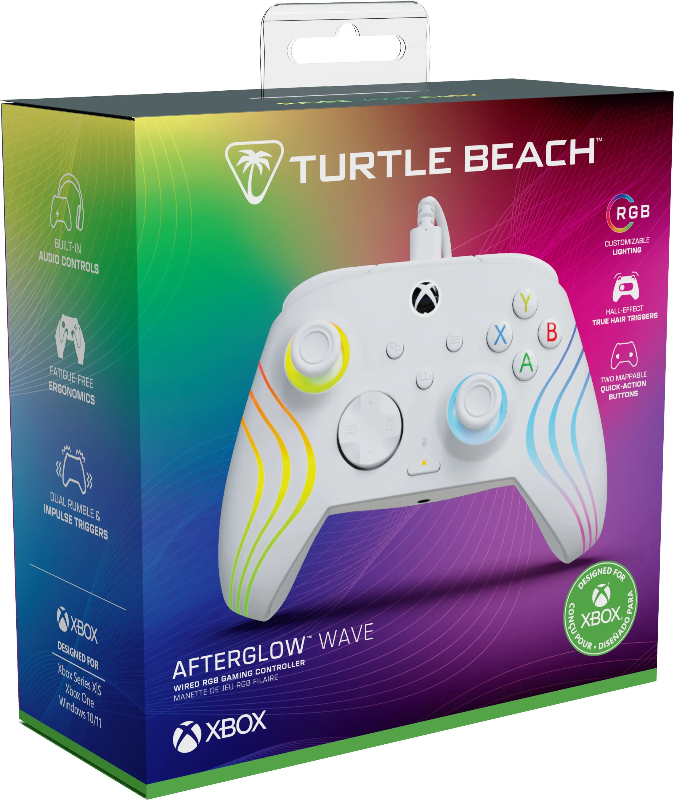 Weißer Xbox-Controller in einer Box. Merkmale sind RGB-Beleuchtung, Audiosteuerung und ermüdungsfreie Ergonomie.