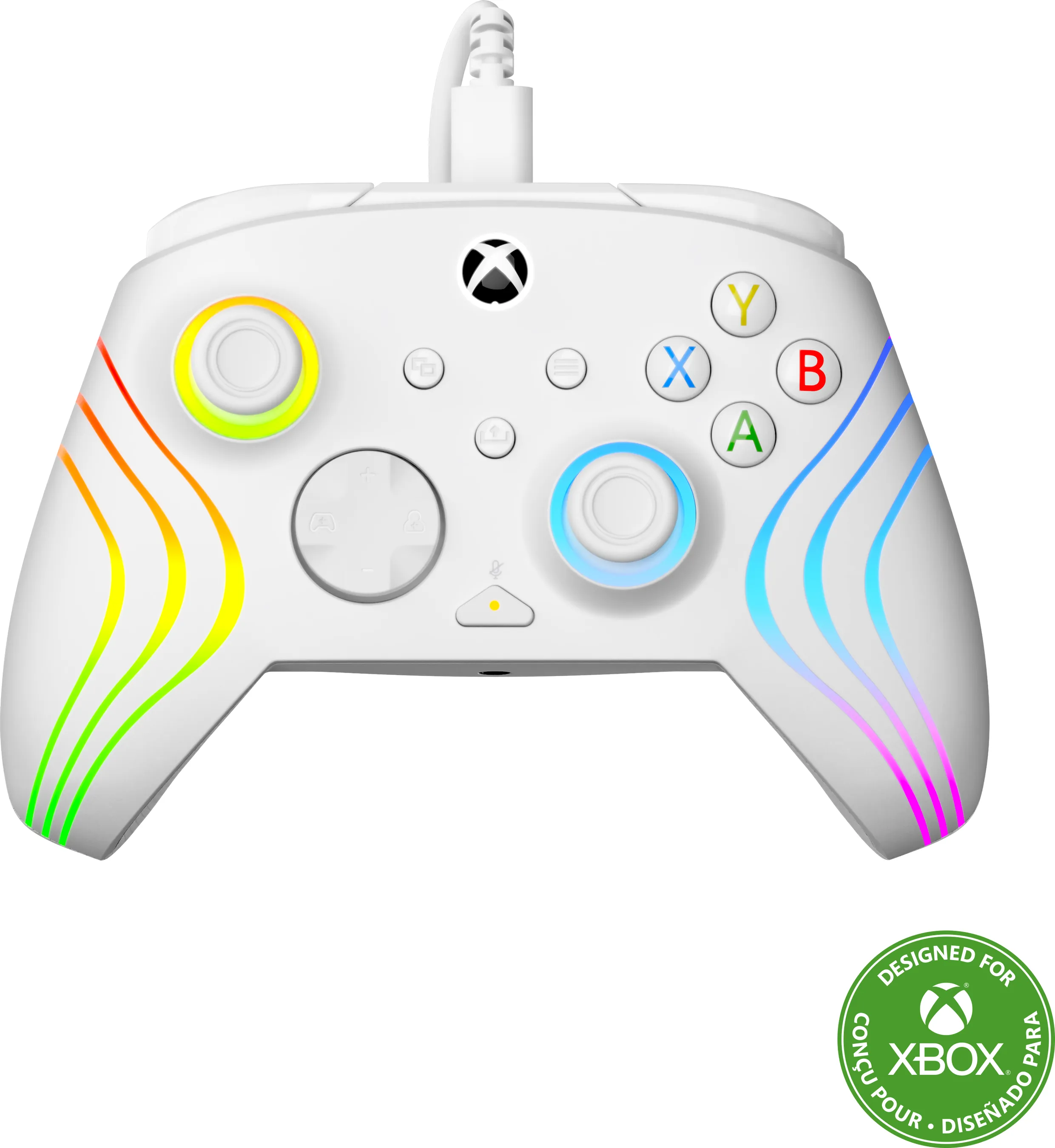 Weißer Xbox-Controller mit Regenbogen-Akzenten und Tasten. Mit Kabel und Xbox-Logo.