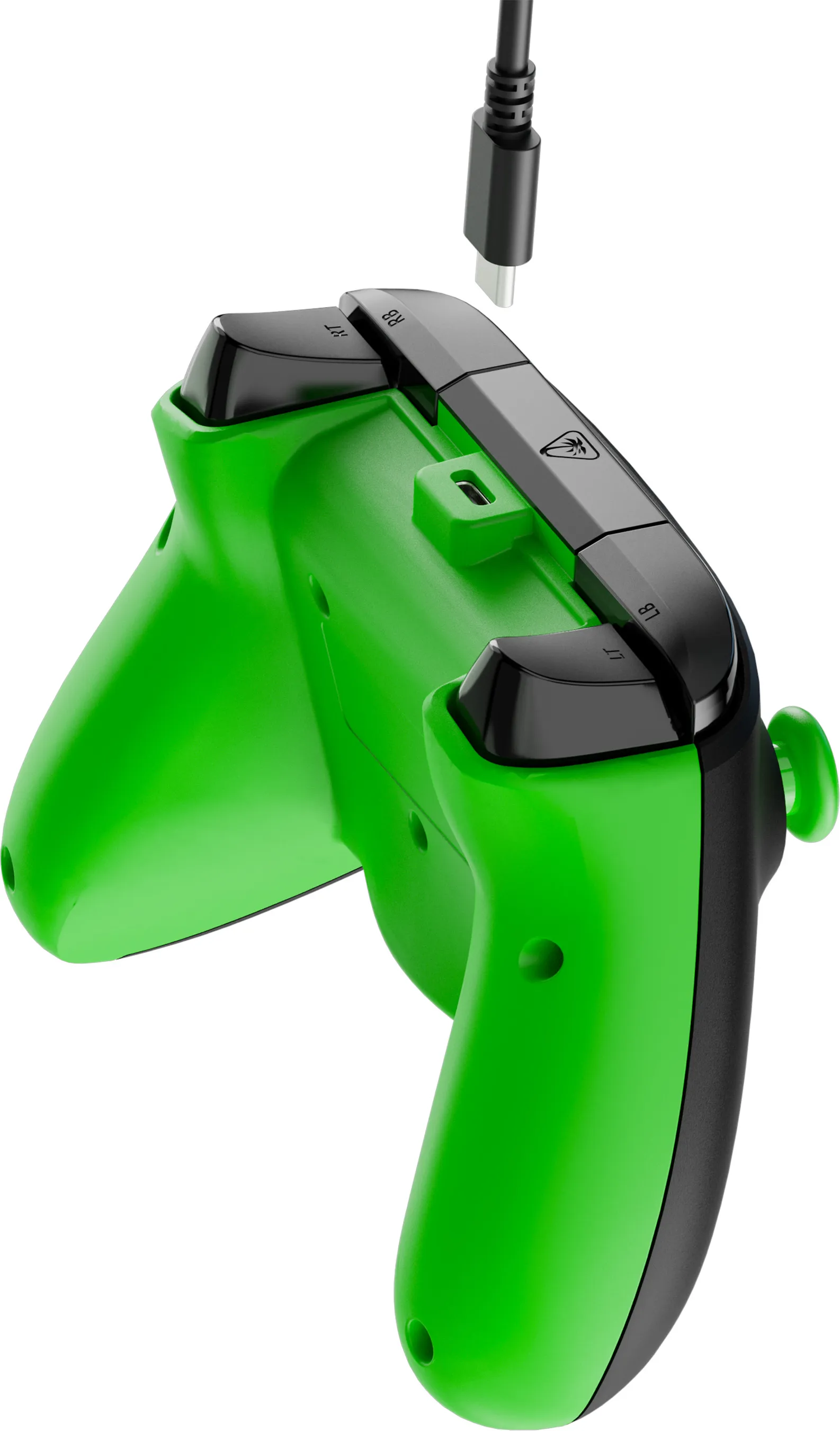 Grüner und schwarzer Gamecontroller mit USB-C-Kabel darüber. Der Controller hat die Tasten LB, RB, LT und RT.