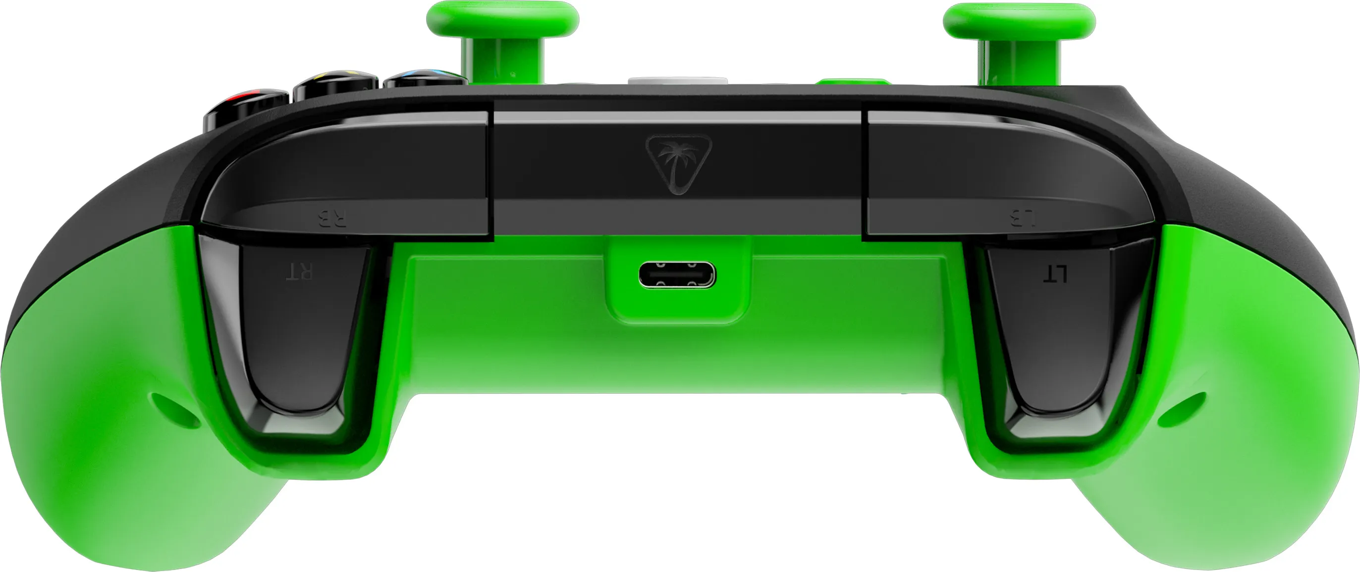 Grüner und schwarzer Gamecontroller. Zu den Merkmalen gehören zwei grüne Joysticks, Tasten und ein USB-C-Anschluss. Der Controller ist abgewinkelt.