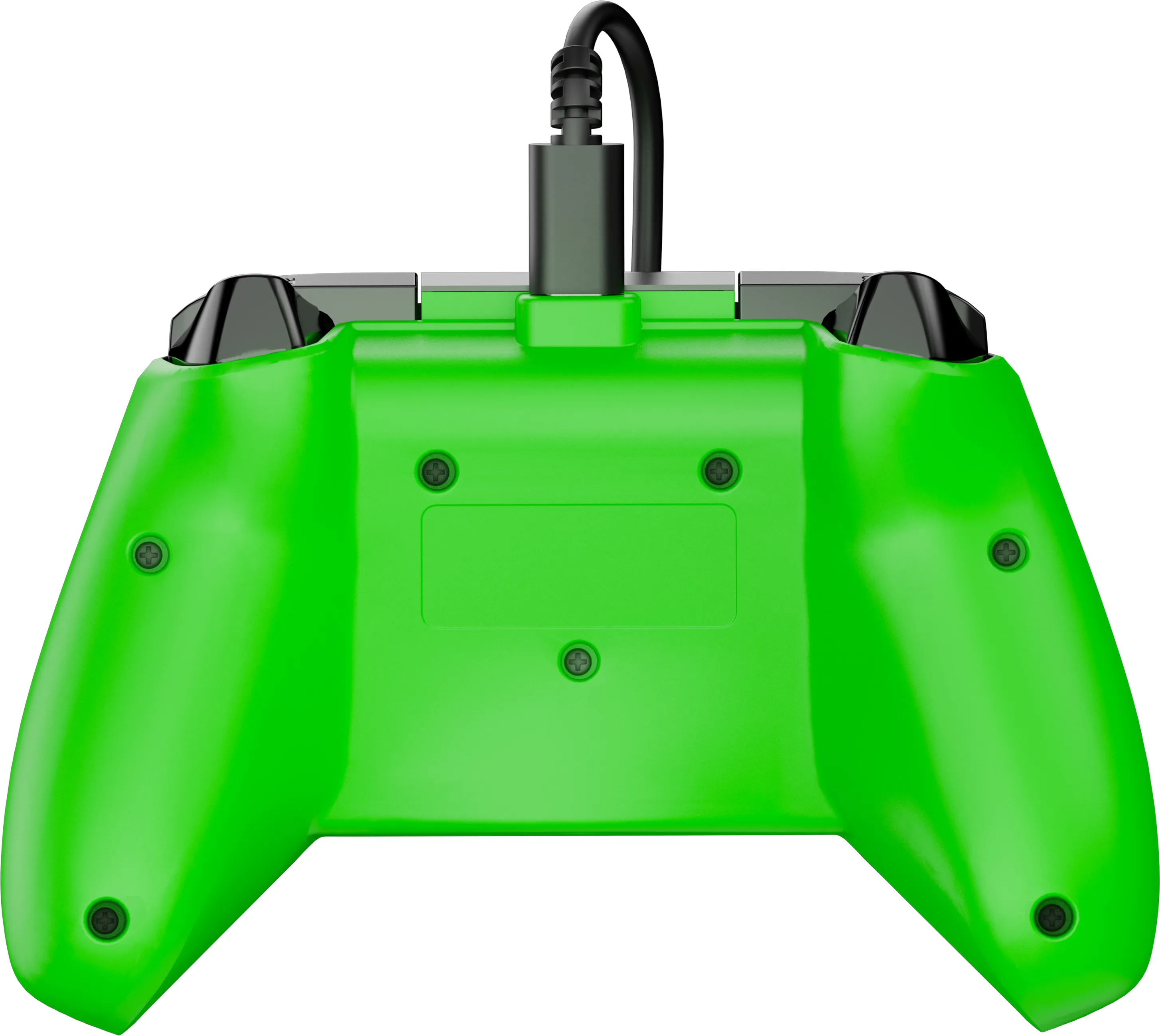 Grüner Gamecontroller, Rückansicht, mit schwarzem Kabel und Stecker. Schwarze Knöpfe. Schrauben sichtbar.