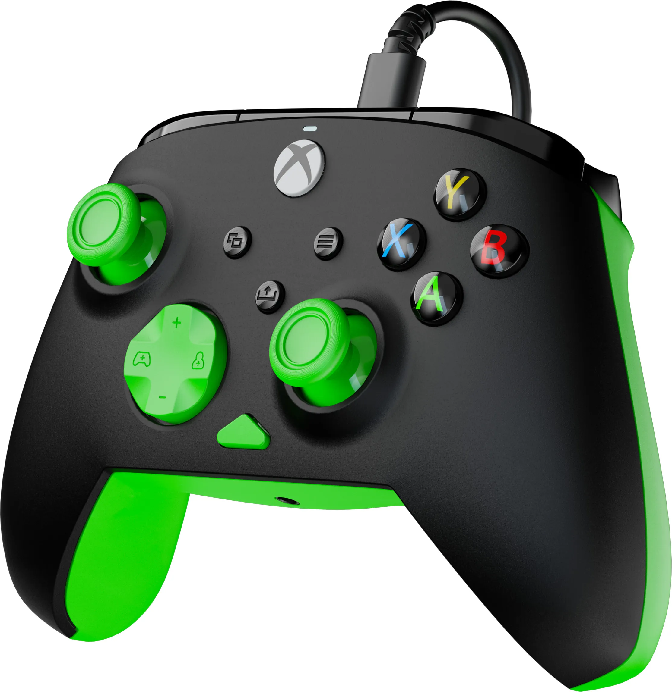 Ein schwarz-grüner Xbox-Controller mit den Tasten A, B, X, Y und einem Steuerkreuz. Er hat grüne Thumbsticks.