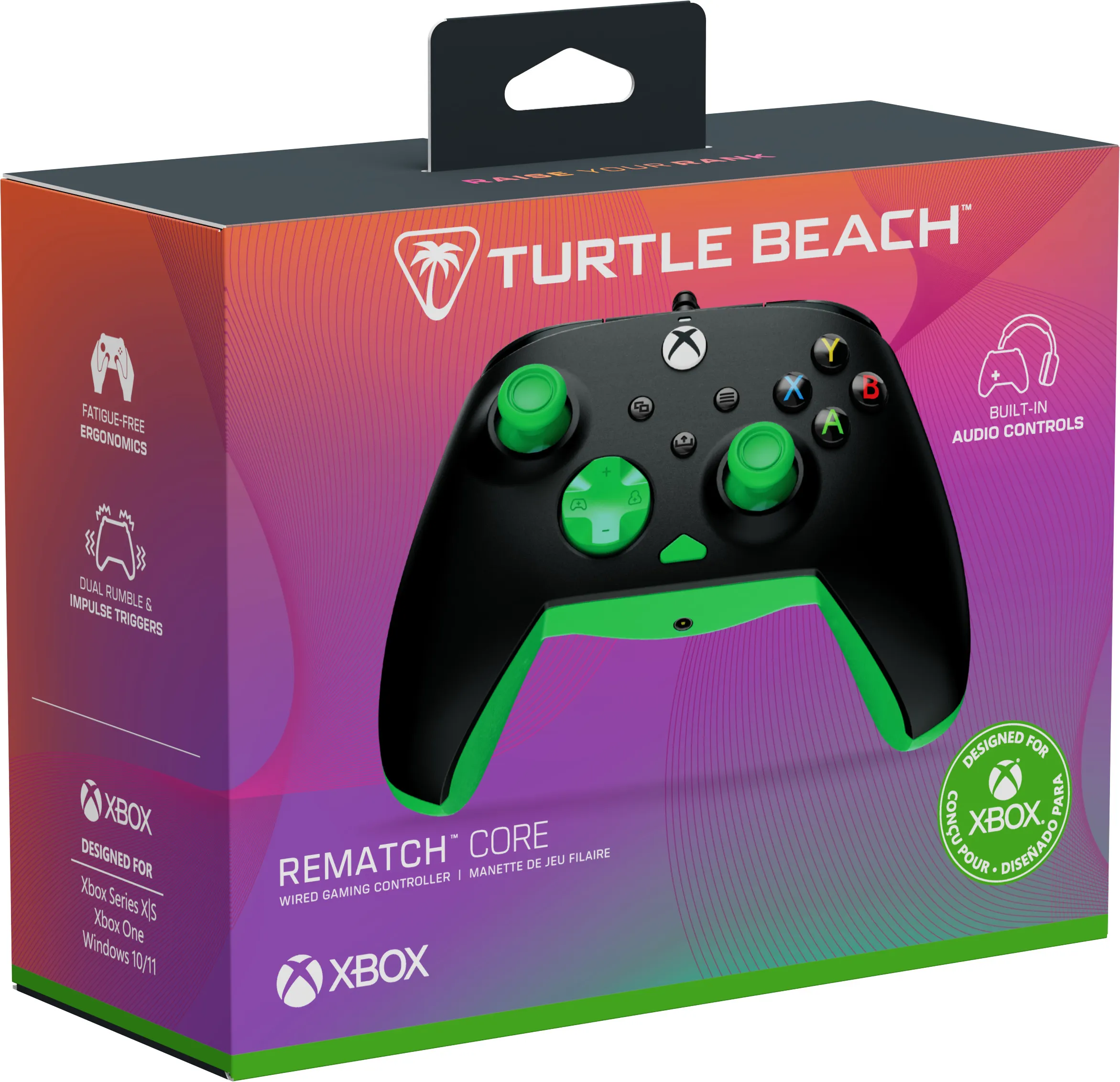 Schachtel für Xbox-Controller. Schwarz und grün mit Turtle Beach. Enthält Controller-Grafiken und -Funktionen.