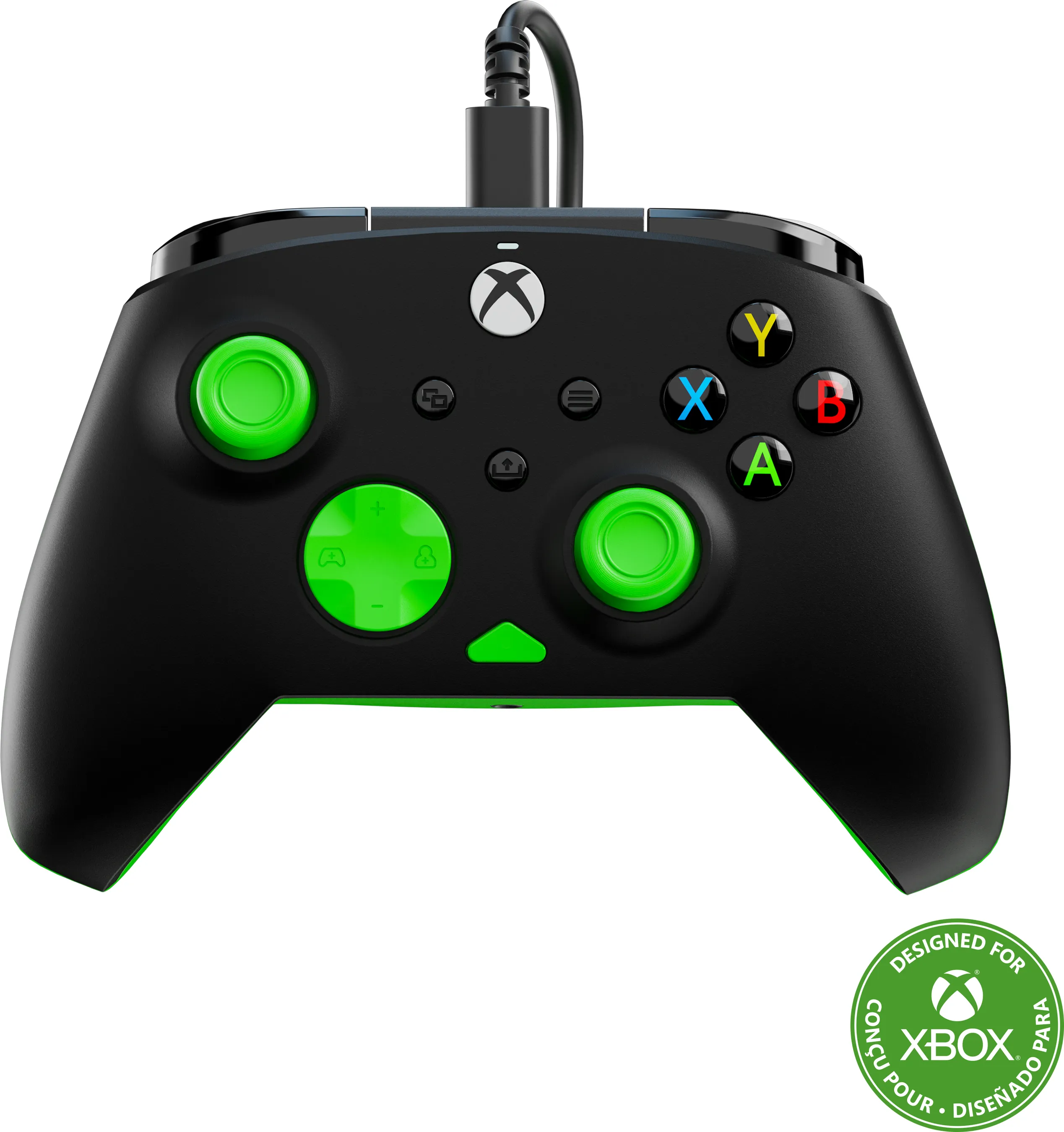 Schwarzer Xbox-Controller mit grünen Akzenten. Tasten sind grün, gelb, rot und blau. Xbox-Logo steht oben mittig.