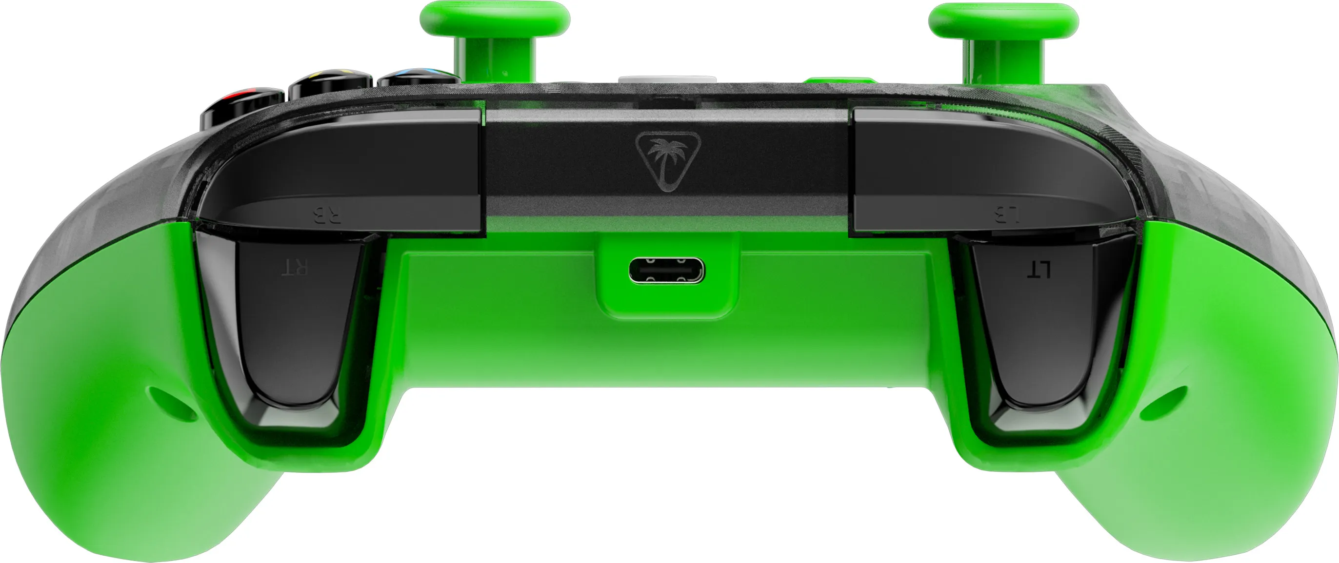Grüner und schwarzer Gamecontroller. Grüne Knöpfe, Auslöser und Griffe. Schwarze Knöpfe, Steuerkreuz und Gehäuse. Palmenlogo hinten.