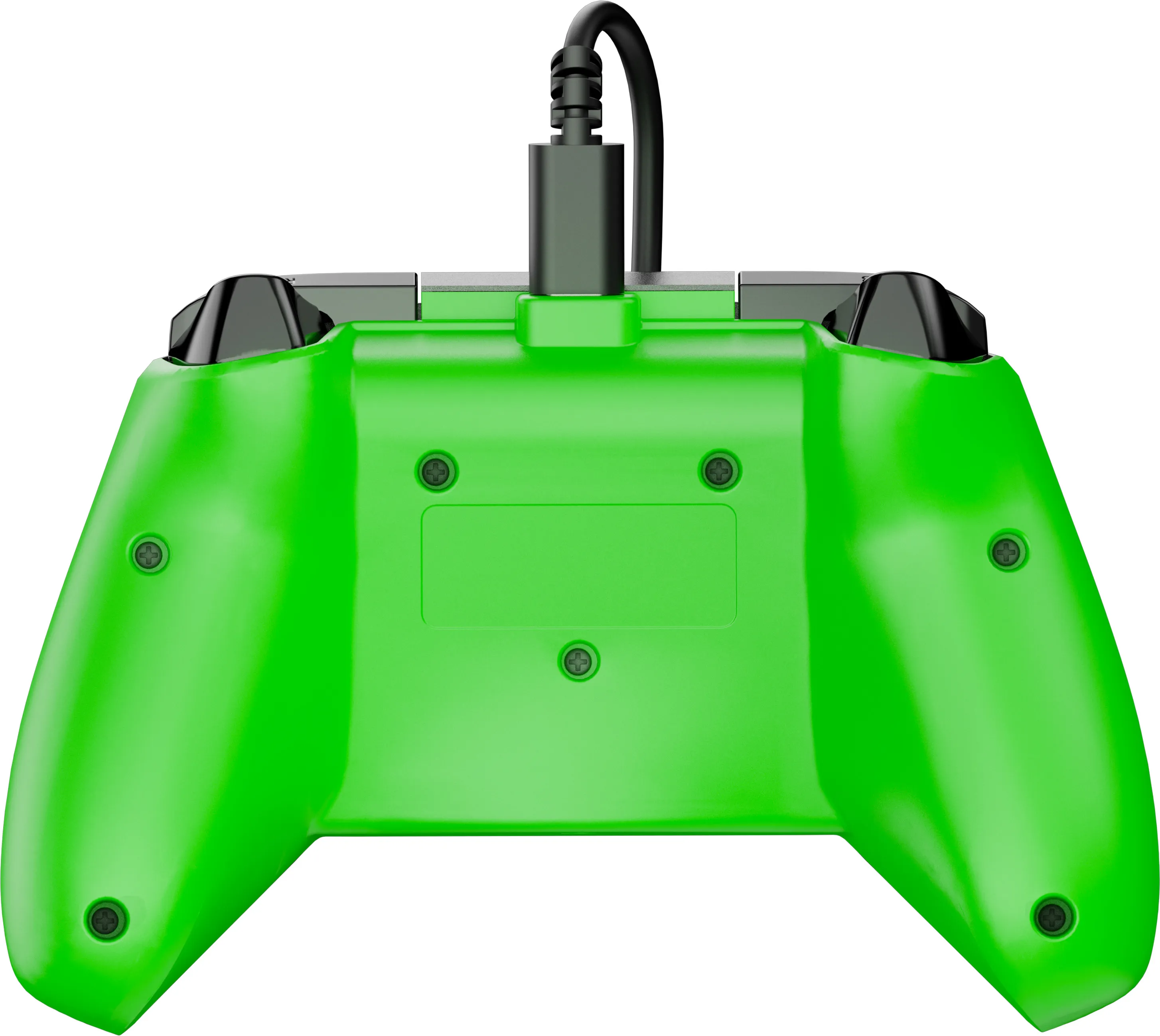 Ein grüner Gamecontroller mit einem schwarzen Kabel. Der Controller hat Knöpfe und eine glatte Oberfläche.