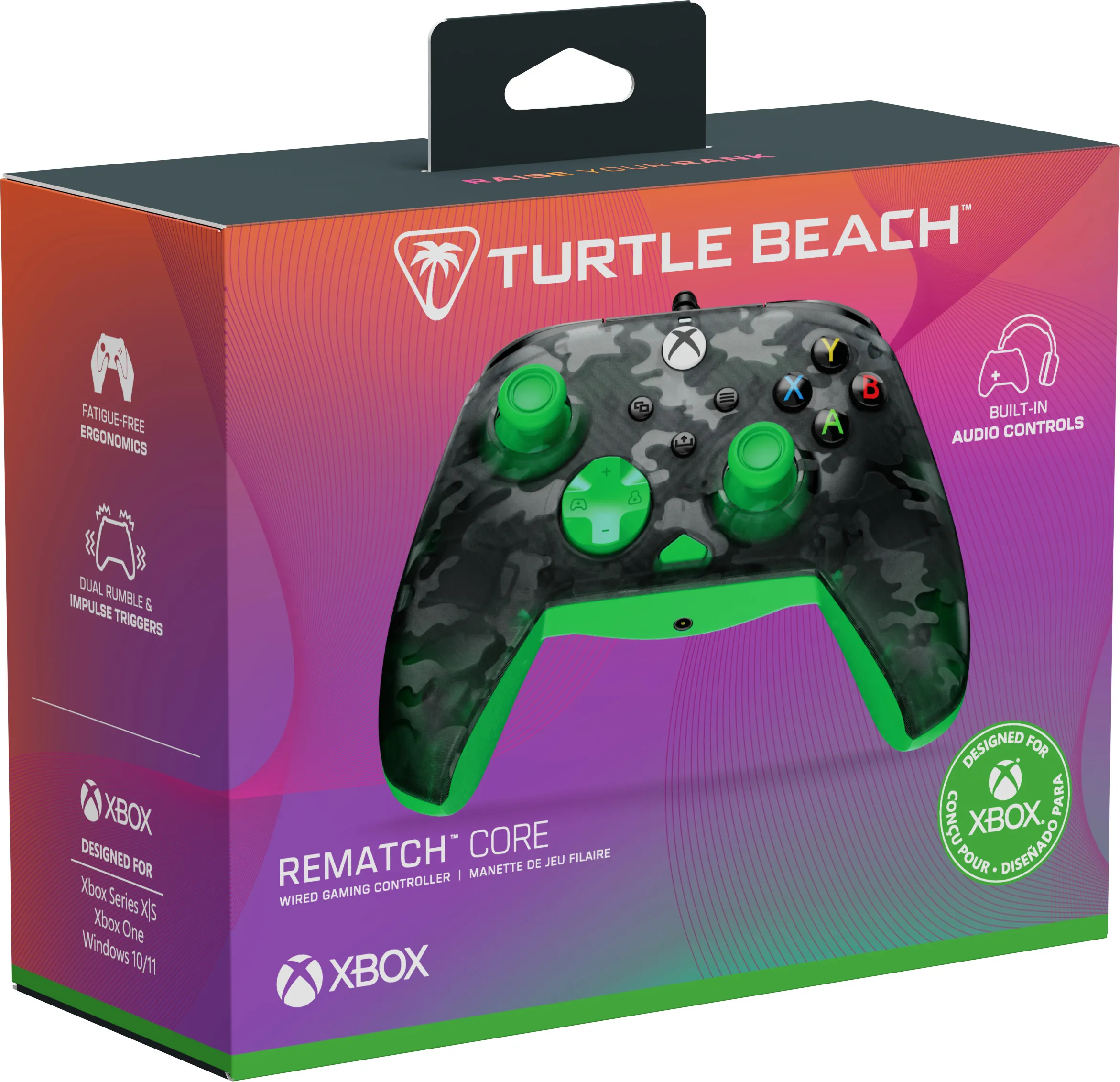 Karton zeigt einen Xbox-Controller mit Tarnmuster. Text sagt 'Turtle Beach', 'Rematch Core' und 'Designed For Xbox'.