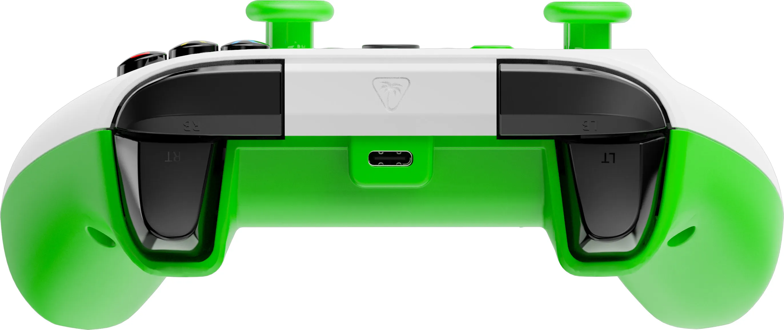 Ein grüner und weißer Gamecontroller. Er hat Knöpfe, Auslöser und Joysticks. Ein USB-C-Anschluss ist sichtbar.