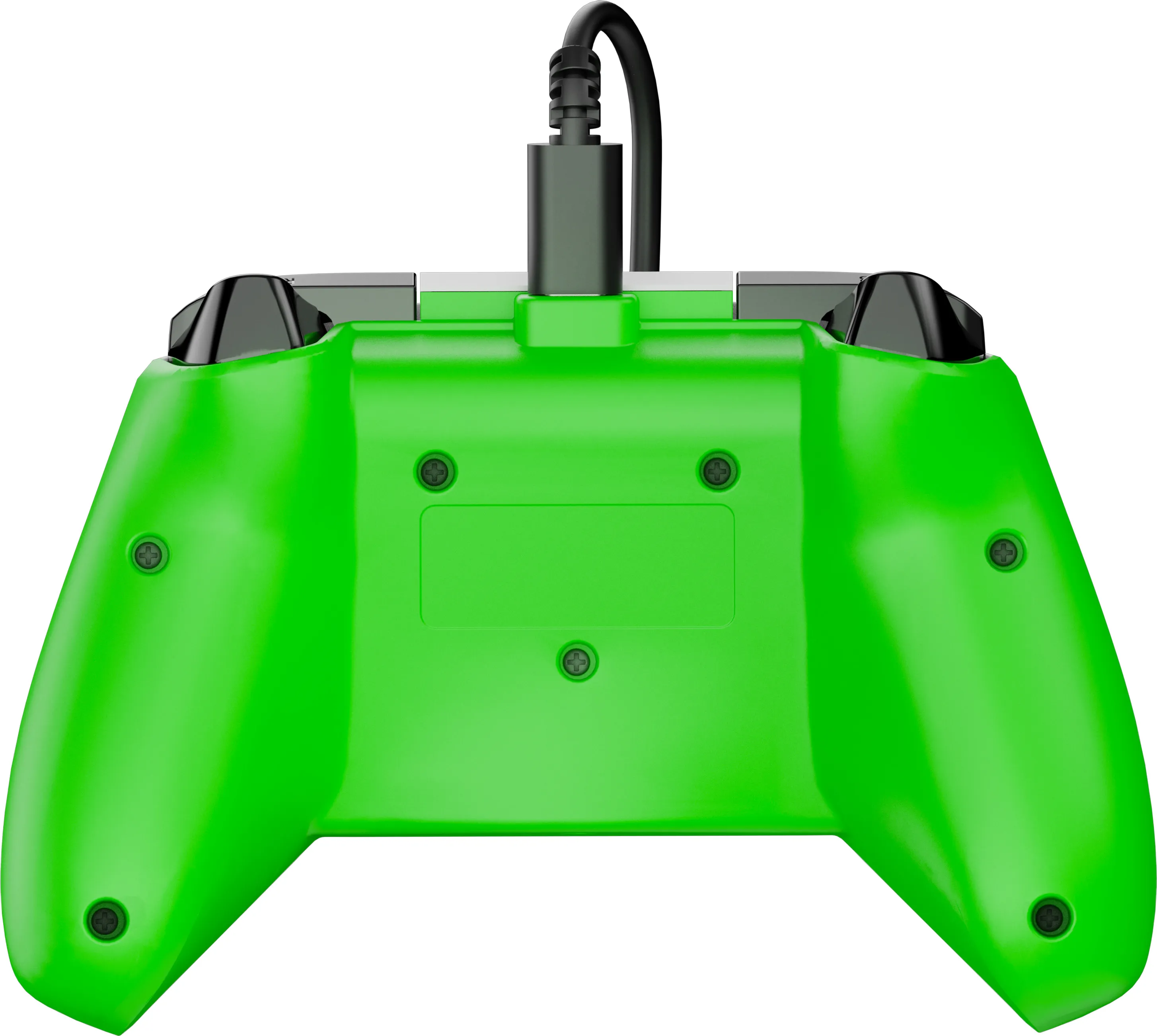 Grüner Gamecontroller mit schwarzem Kabel. Enthält schwarze Knöpfe und Schrauben. Weißer Hintergrund.