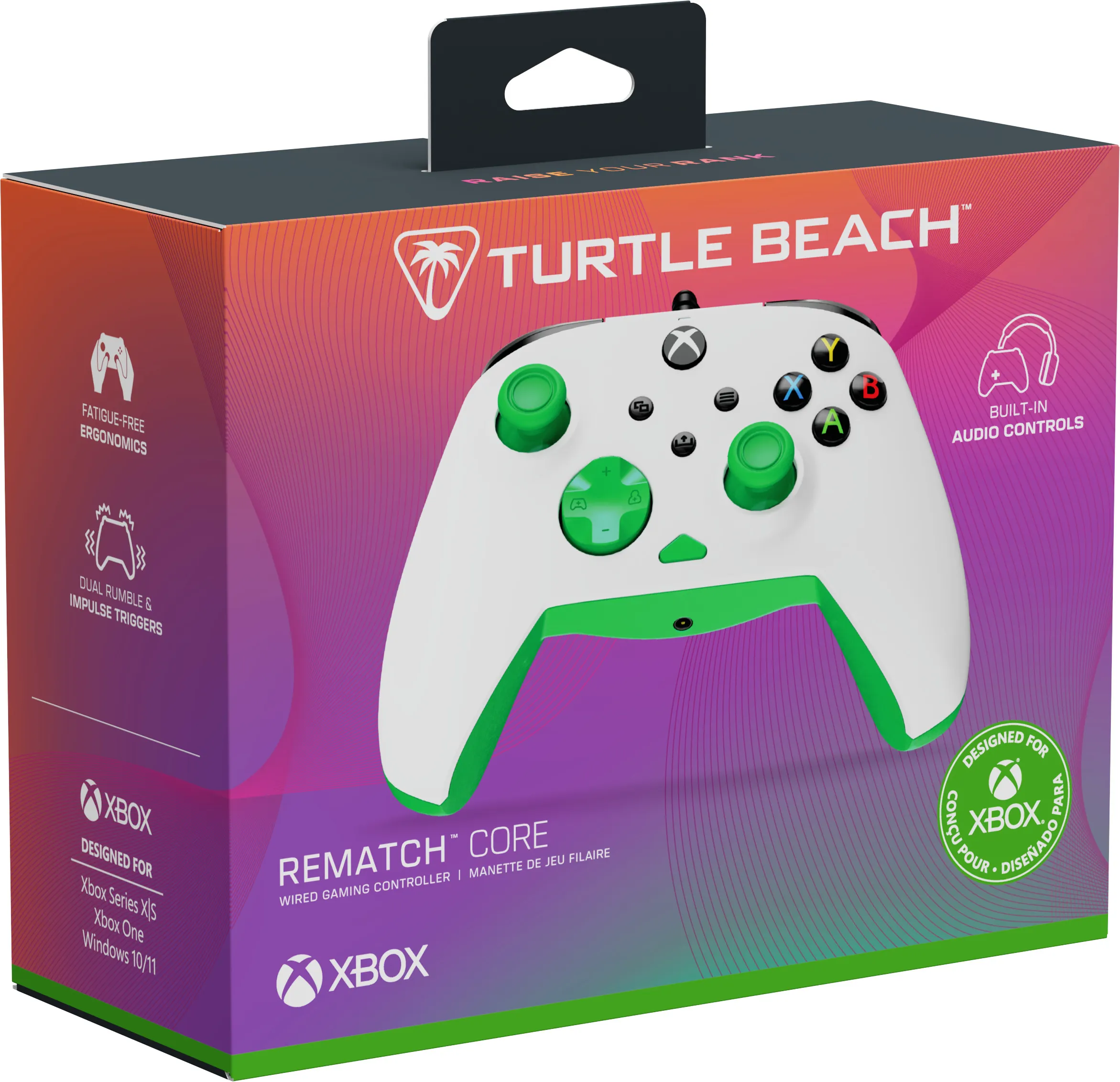 Eine weiße und grüne Xbox-Controller-Box. Es steht Turtle Beach und Rematch Core drauf. Der Controller ist abgebildet.