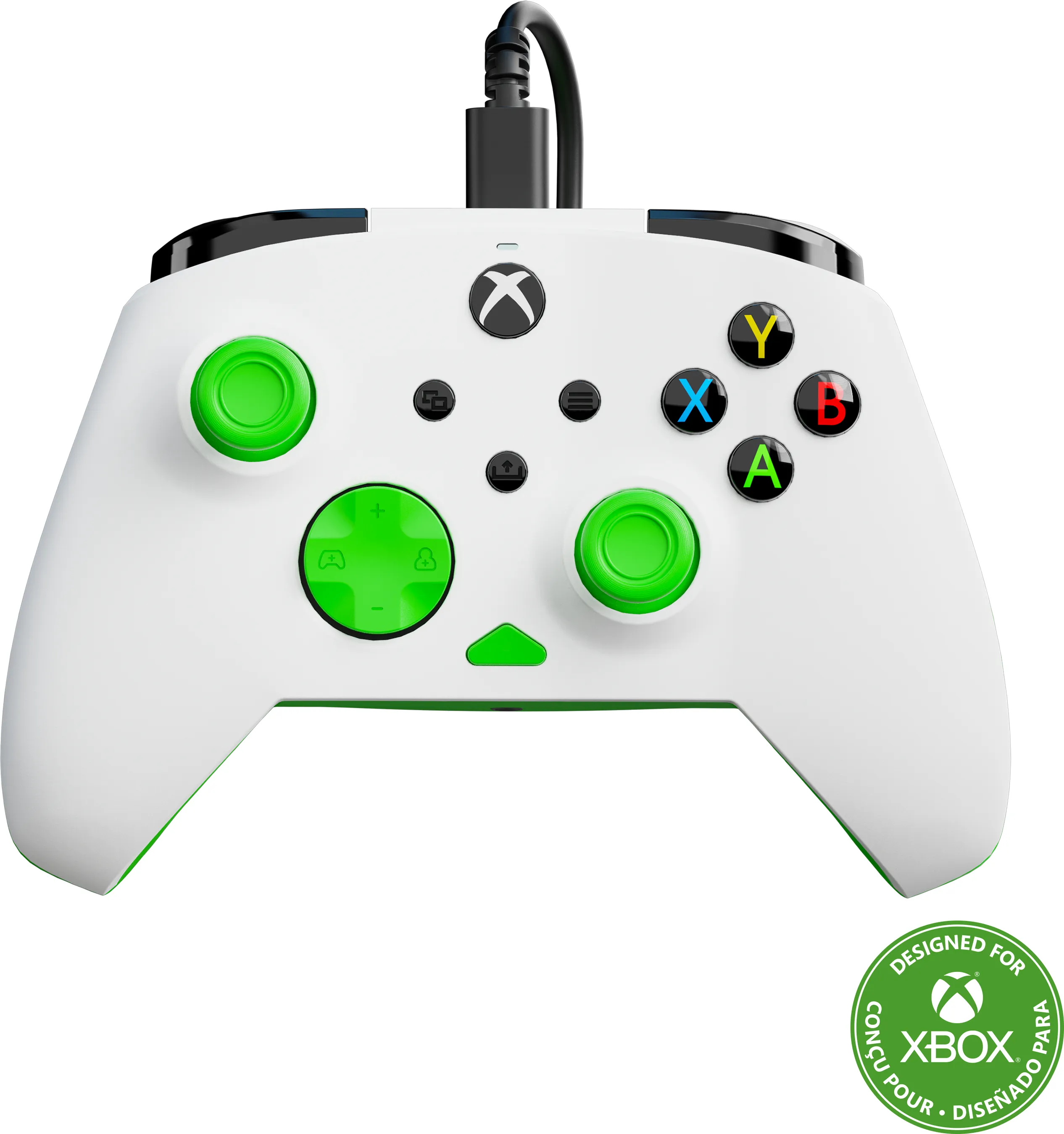 Weißer Xbox-Controller mit grünen Akzenten, Knöpfen und Joysticks. Enthält ein schwarzes Kabel und das Xbox-Logo.