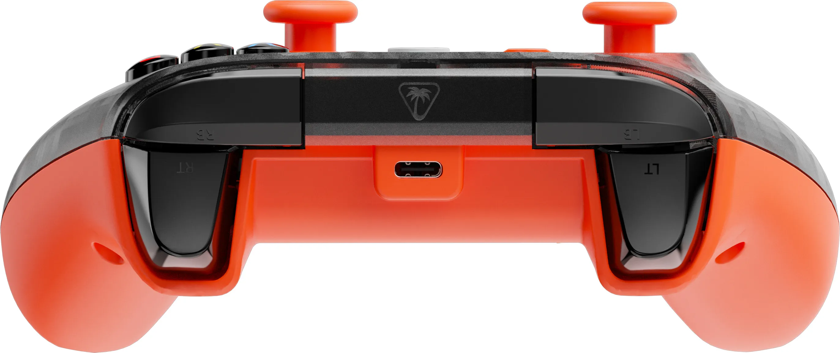 Ein orange-schwarzer Gamecontroller. Er hat zwei orangefarbene Daumensticks, schwarze Auslöser und ein Palmenlogo.