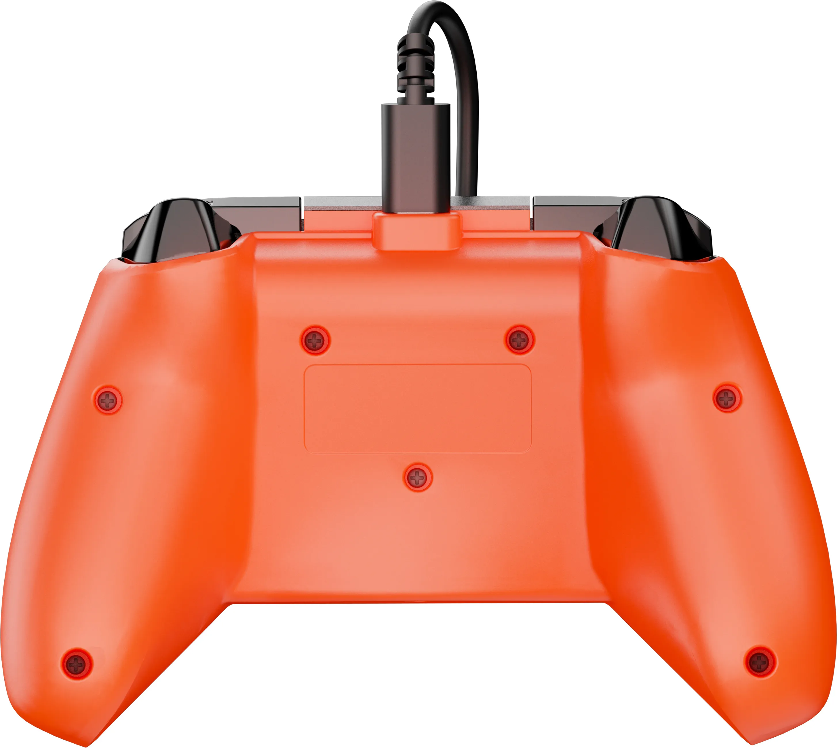 Rückansicht eines orangefarbenen Gamecontrollers. Schwarzes Kabel mit USB-Anschluss. Schwarze Tasten. Schrauben sind sichtbar.