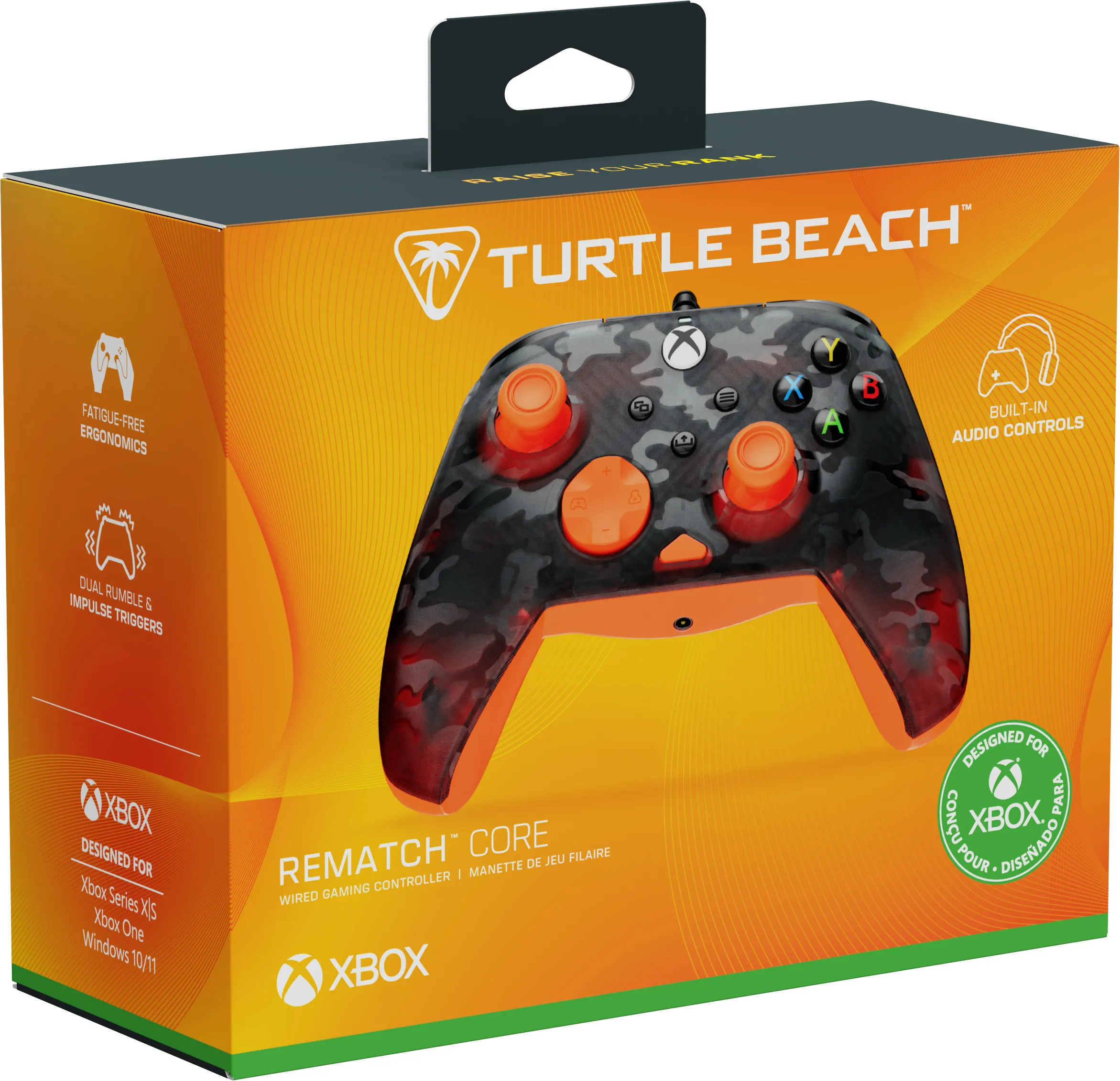 Schachtel mit einem Xbox-Controller. Der Controller ist schwarz-orange getarnt. Die Schachtel ist orange mit Text.