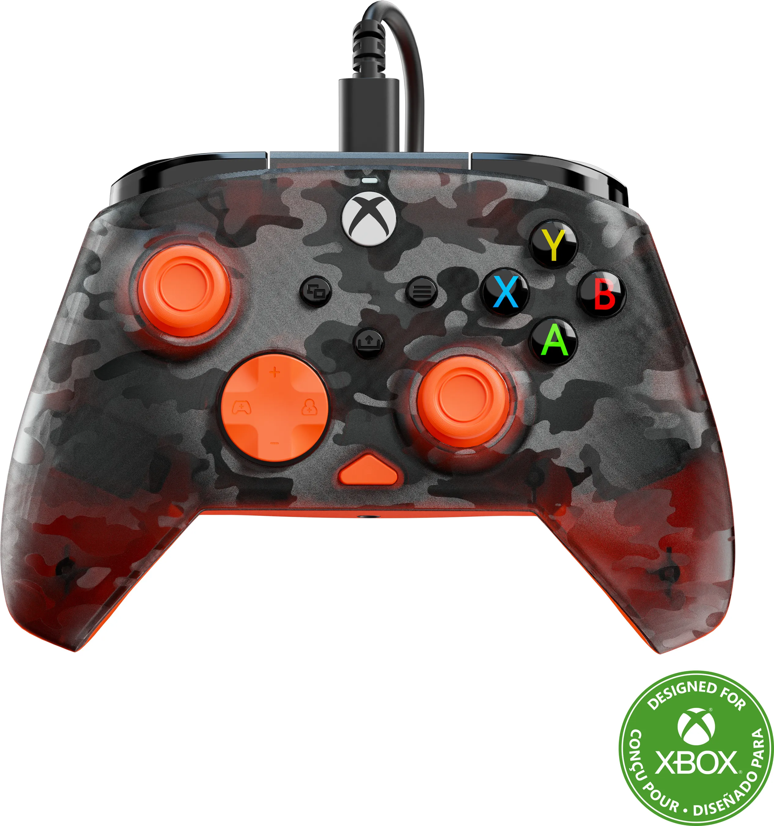 Ein Xbox-Controller mit Tarnmuster. Es hat orangefarbene Knöpfe und Joysticks sowie ein schwarzes Kabel. Es ist grün beschriftet.