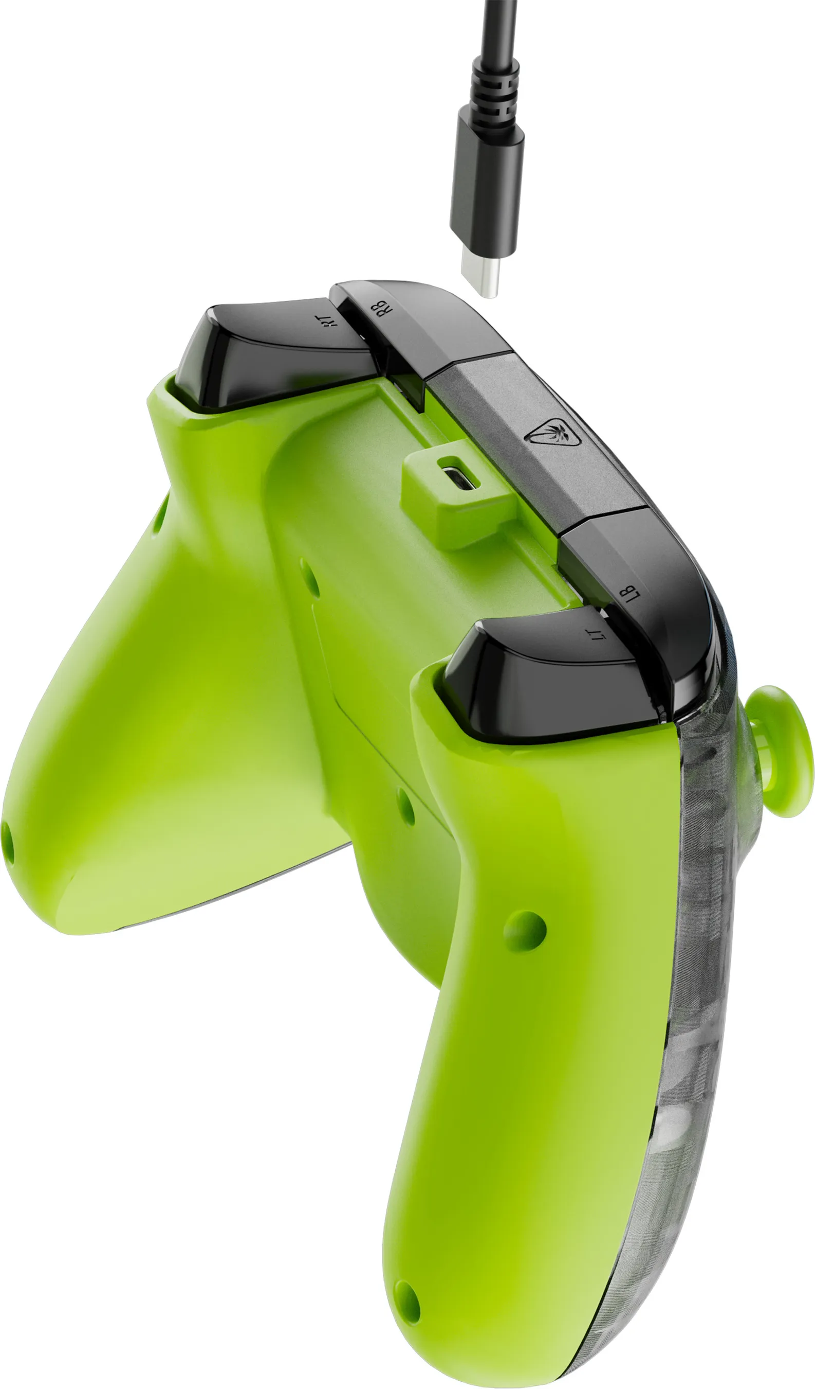 Une manette de jeu vert citron avec des touches noires et un câble USB-C. Les boutons de la manette sont étiquetés.