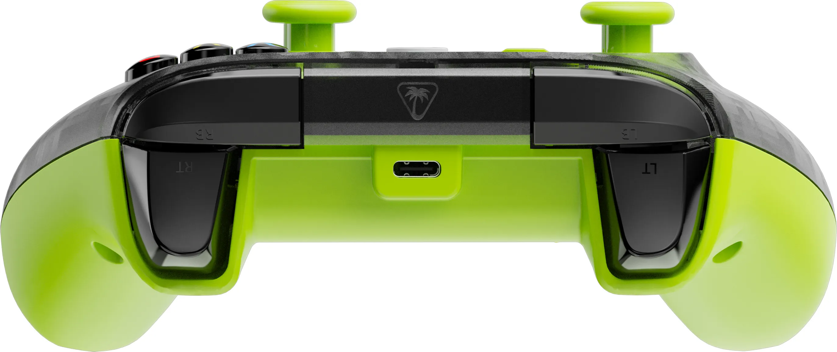 Manette de jeu verte et noire avec deux joysticks verts. Elle a des boutons et des gâchettes.
