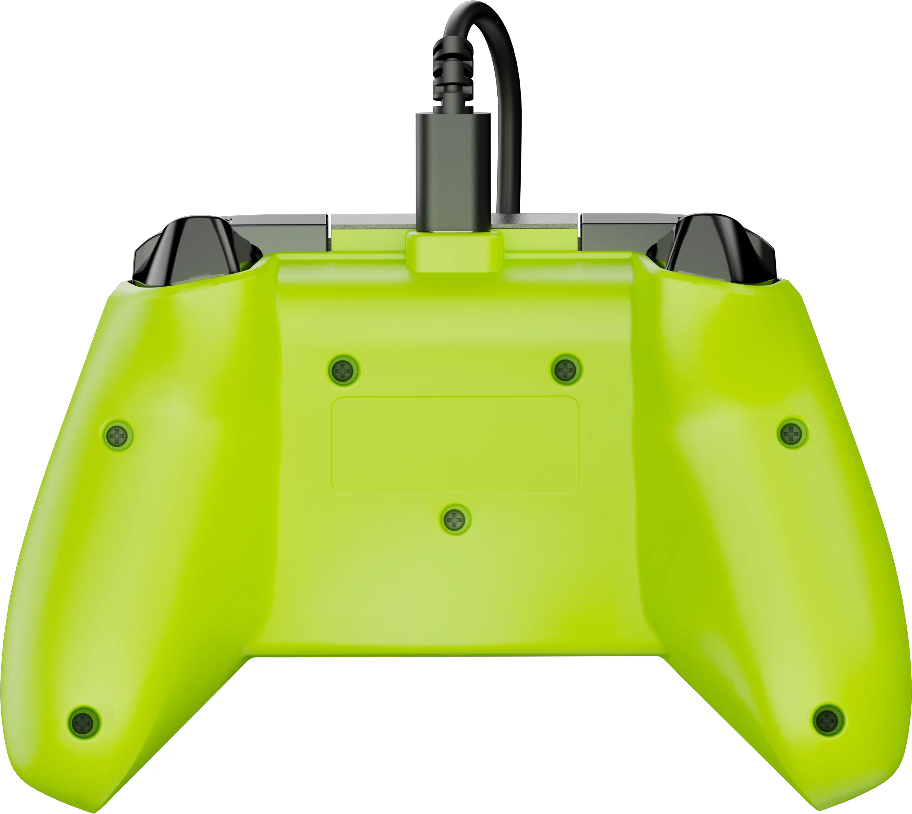Une manette de jeu verte avec un câble noir branché. La manette a des boutons et des vis noirs.